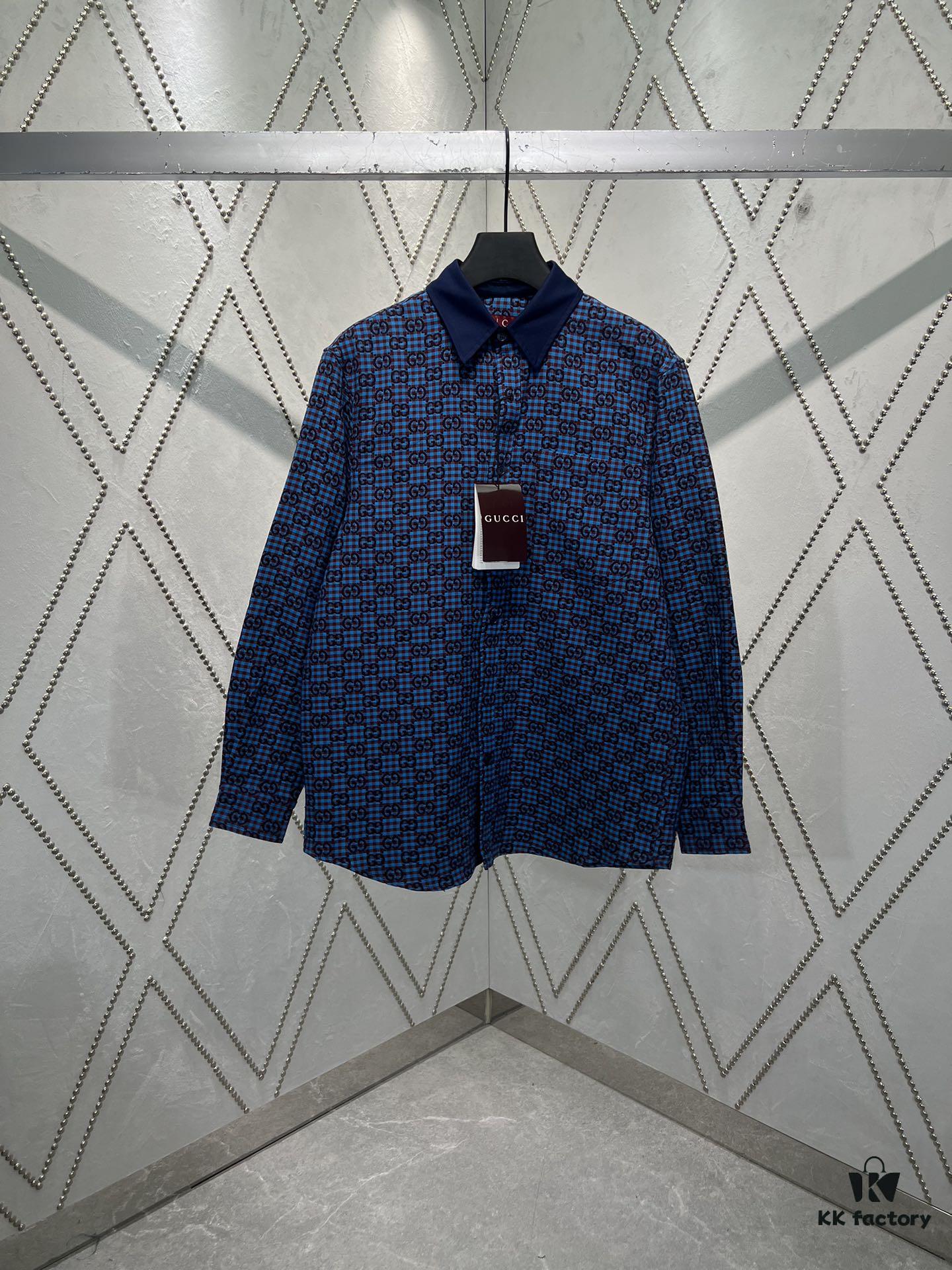 G Collection 25SS New Loose-Fit Shirt Made from GG Vichy Cotton-Wool Blend Jacquard Fabric with Mother-of-Pearl Buttons for a Refined and Elegant Style