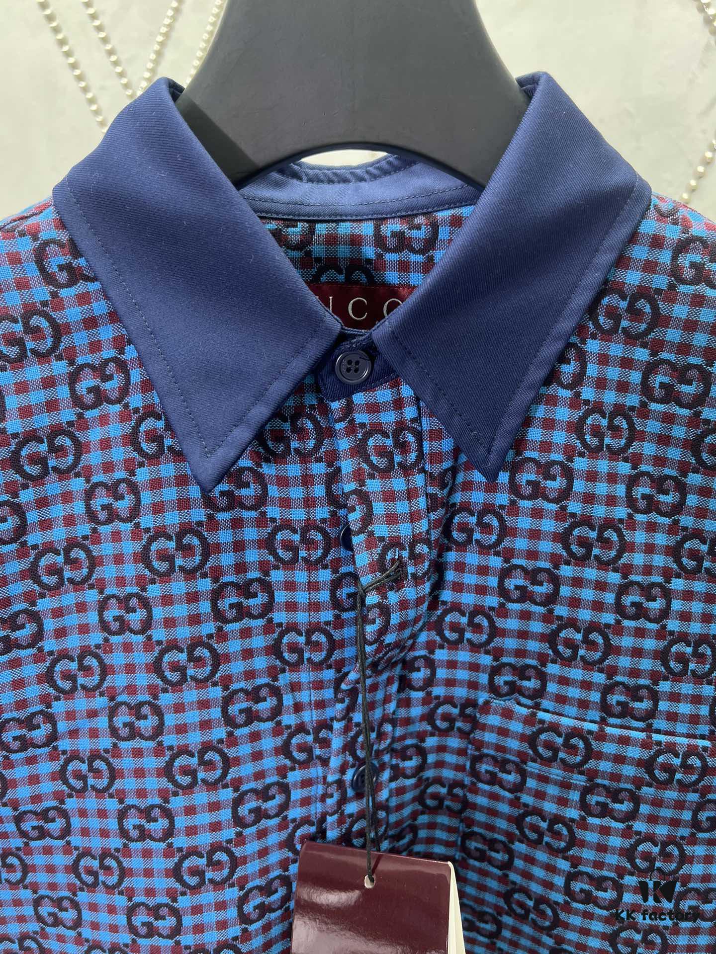 G Collection 25SS New Loose-Fit Shirt Made from GG Vichy Cotton-Wool Blend Jacquard Fabric with Mother-of-Pearl Buttons for a Refined and Elegant Style