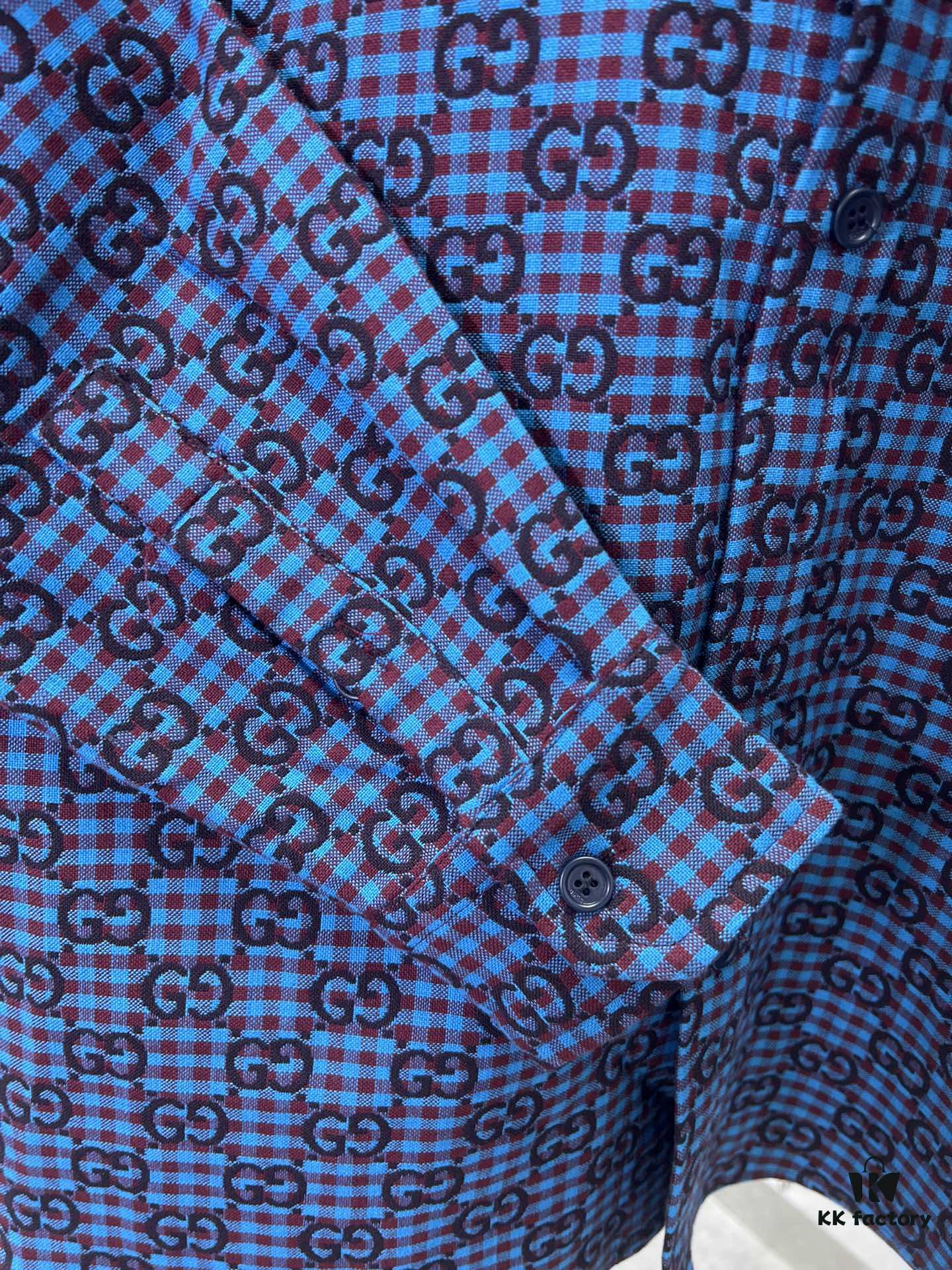 G Collection 25SS New Loose-Fit Shirt Made from GG Vichy Cotton-Wool Blend Jacquard Fabric with Mother-of-Pearl Buttons for a Refined and Elegant Style