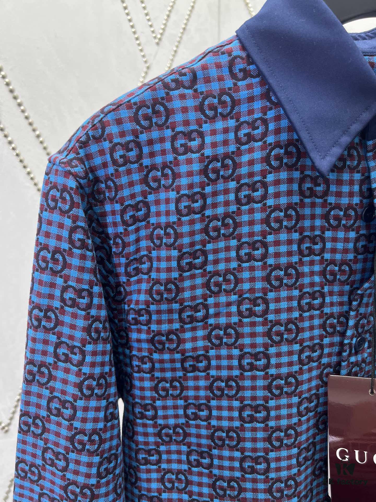 G Collection 25SS New Loose-Fit Shirt Made from GG Vichy Cotton-Wool Blend Jacquard Fabric with Mother-of-Pearl Buttons for a Refined and Elegant Style