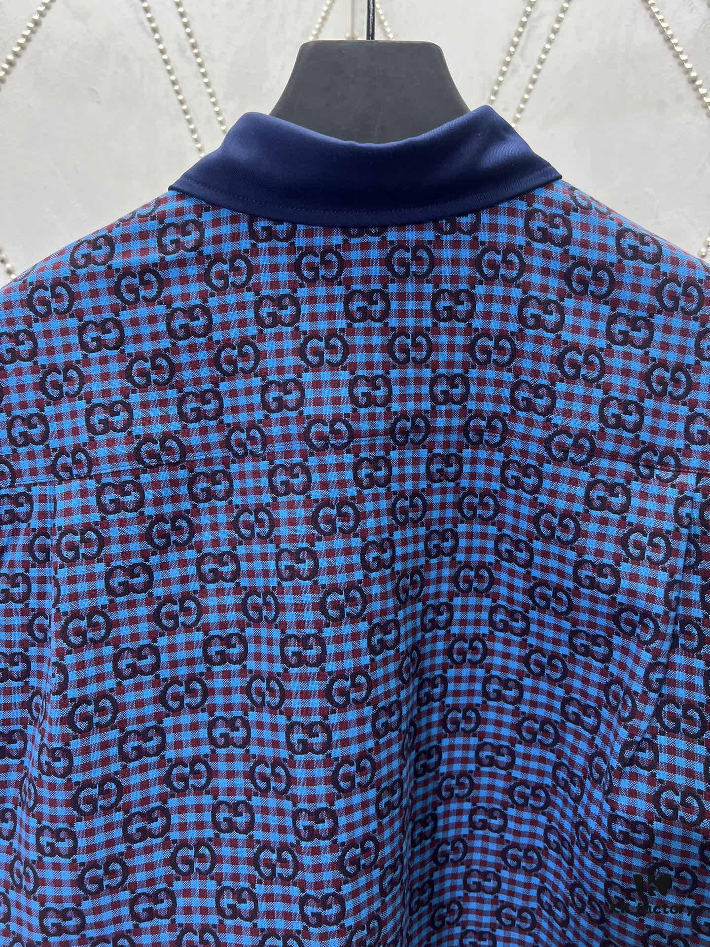 G Collection 25SS New Loose-Fit Shirt Made from GG Vichy Cotton-Wool Blend Jacquard Fabric with Mother-of-Pearl Buttons for a Refined and Elegant Style