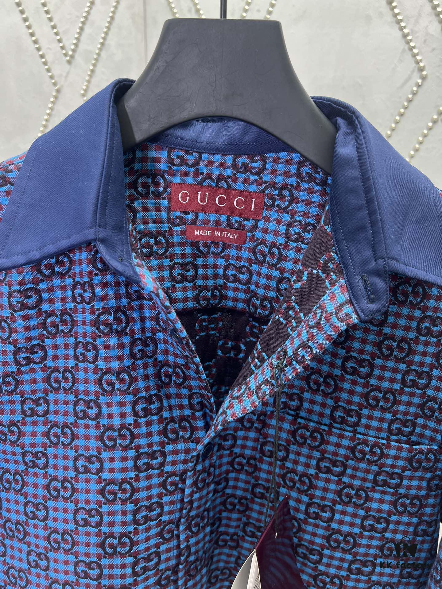 G Collection 25SS New Loose-Fit Shirt Made from GG Vichy Cotton-Wool Blend Jacquard Fabric with Mother-of-Pearl Buttons for a Refined and Elegant Style