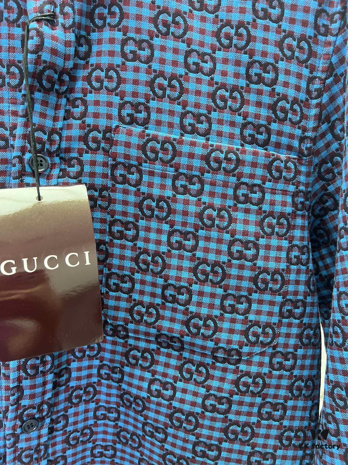 G Collection 25SS New Loose-Fit Shirt Made from GG Vichy Cotton-Wool Blend Jacquard Fabric with Mother-of-Pearl Buttons for a Refined and Elegant Style