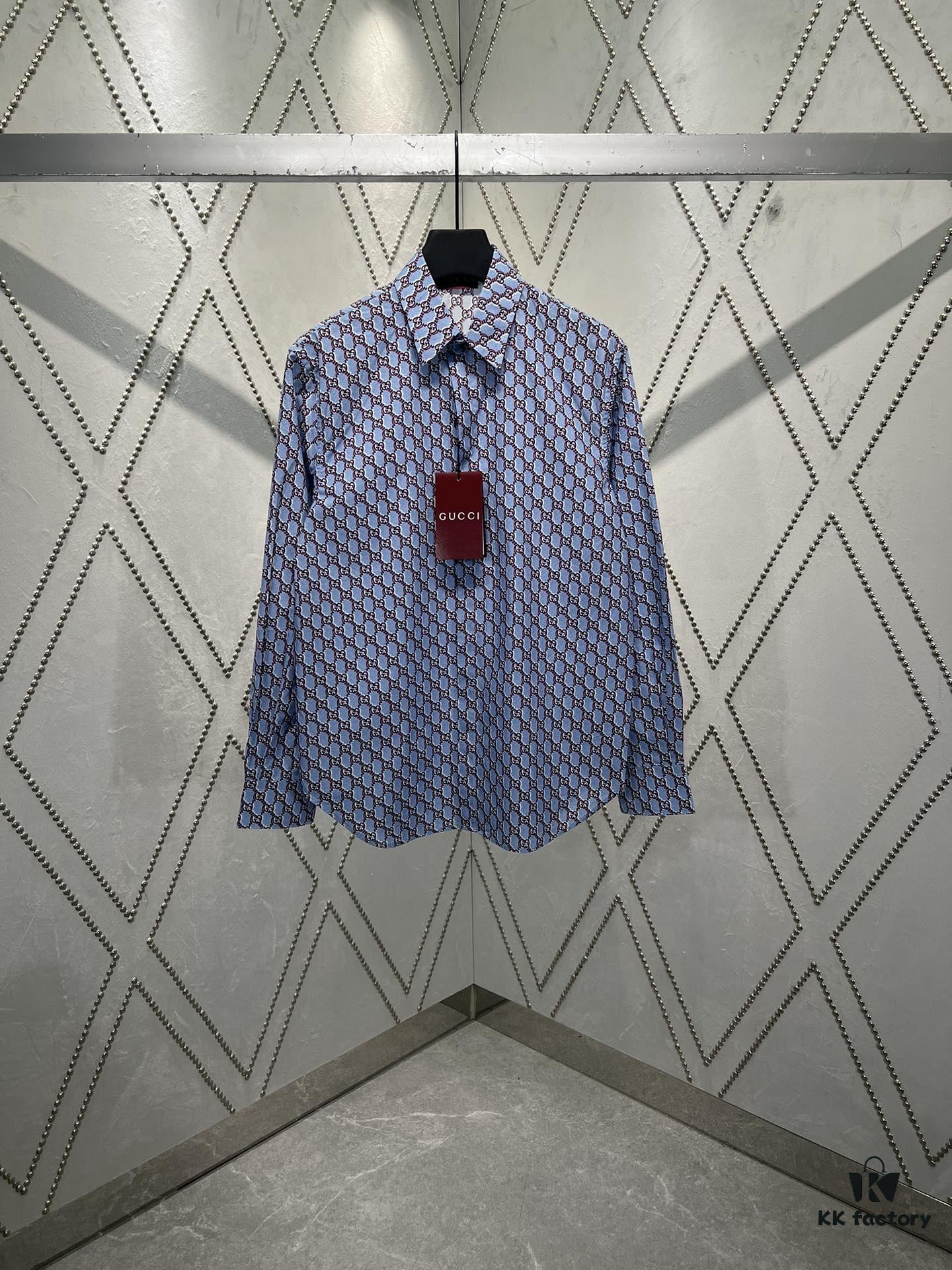 Gucci 25SS New Arrival Cotton Shirt in Light Blue and Ancho Red with GG Shadow Print