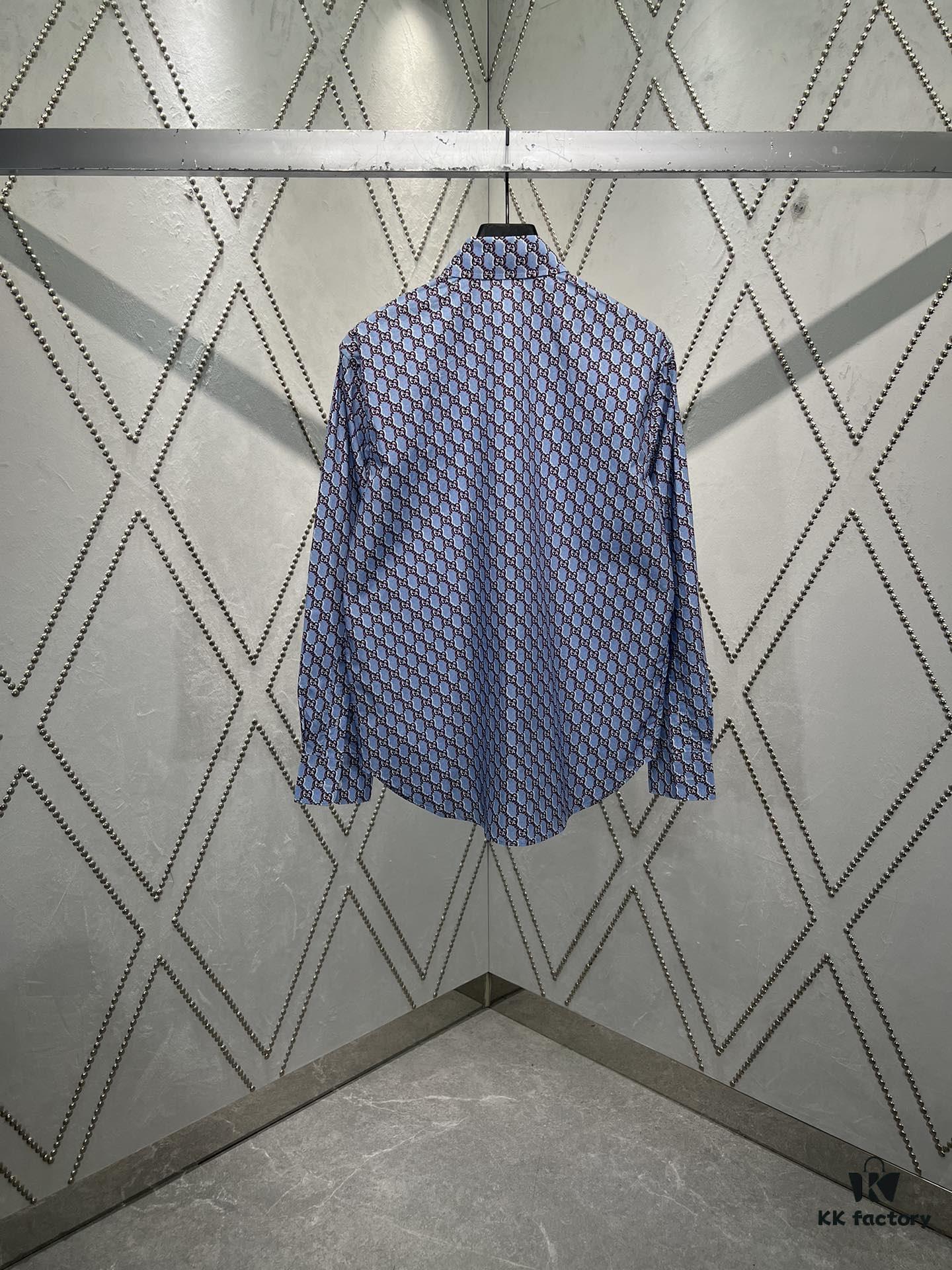 Gucci 25SS New Arrival Cotton Shirt in Light Blue and Ancho Red with GG Shadow Print