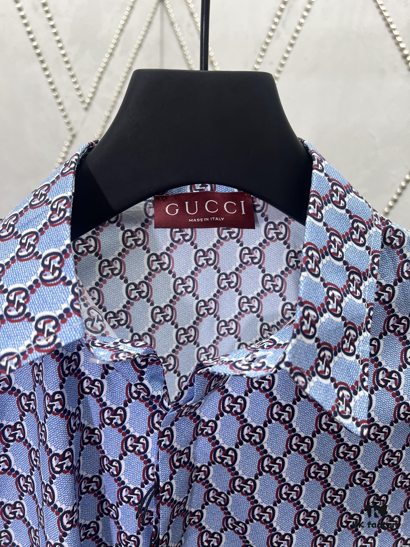 Gucci 25SS New Arrival Cotton Shirt in Light Blue and Ancho Red with GG Shadow Print
