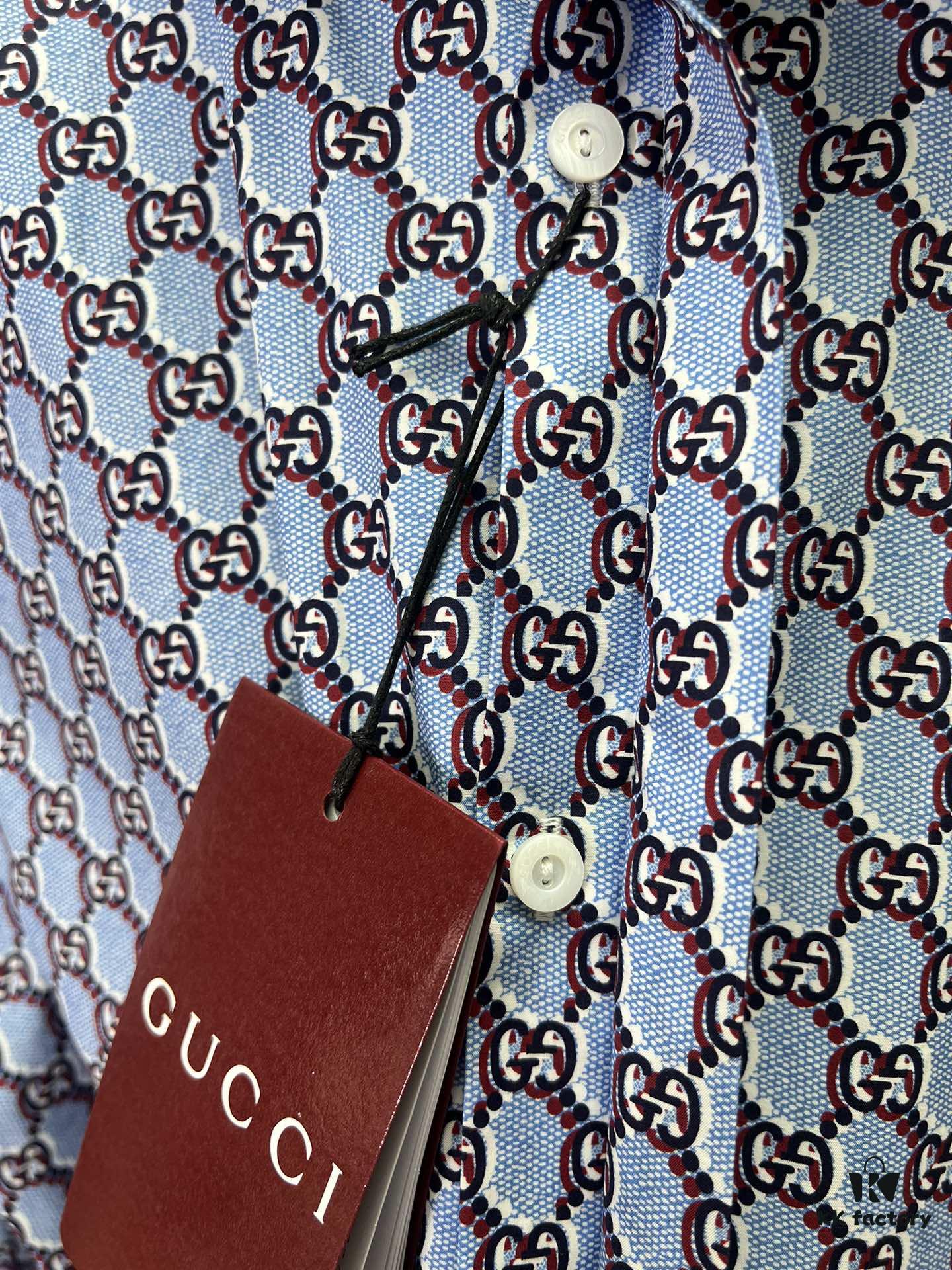 Gucci 25SS New Arrival Cotton Shirt in Light Blue and Ancho Red with GG Shadow Print