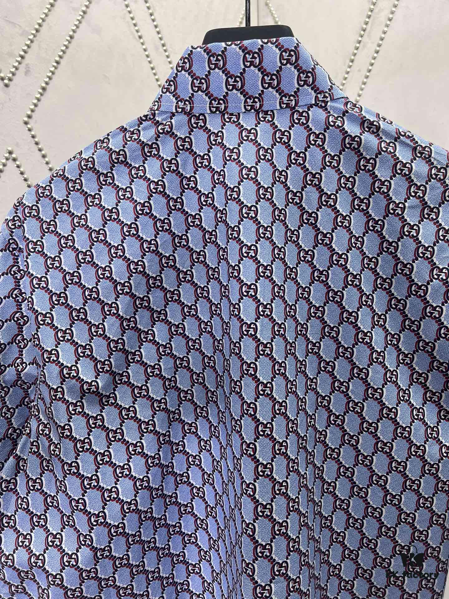 Gucci 25SS New Arrival Cotton Shirt in Light Blue and Ancho Red with GG Shadow Print