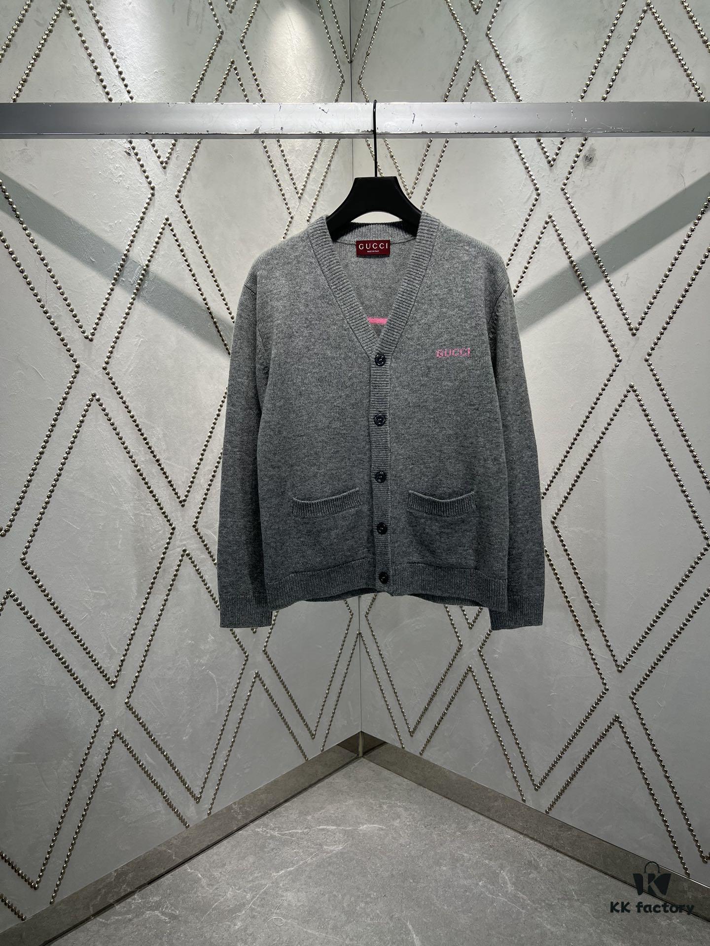 G House 25SS New Arrival Wool Cashmere Blend Knit Cardigan Featuring Refreshed Brand Pattern with Color-Contrast Bright Pink Accents, Creating Delicate Intarsia Effects on Front and Back