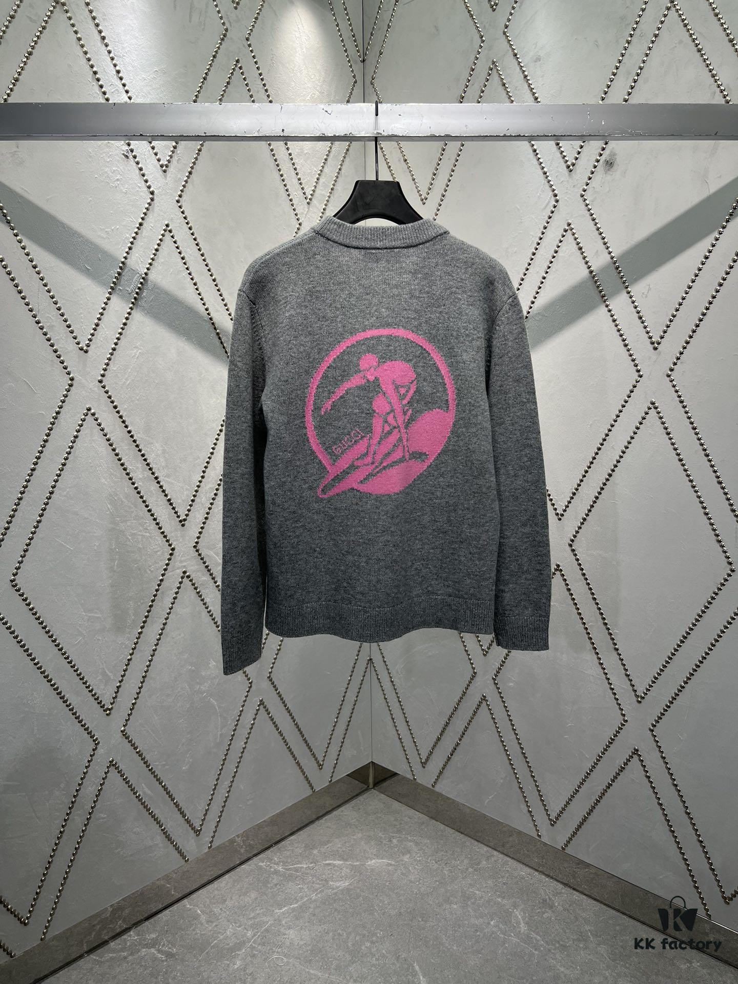 G House 25SS New Arrival Wool Cashmere Blend Knit Cardigan Featuring Refreshed Brand Pattern with Color-Contrast Bright Pink Accents, Creating Delicate Intarsia Effects on Front and Back