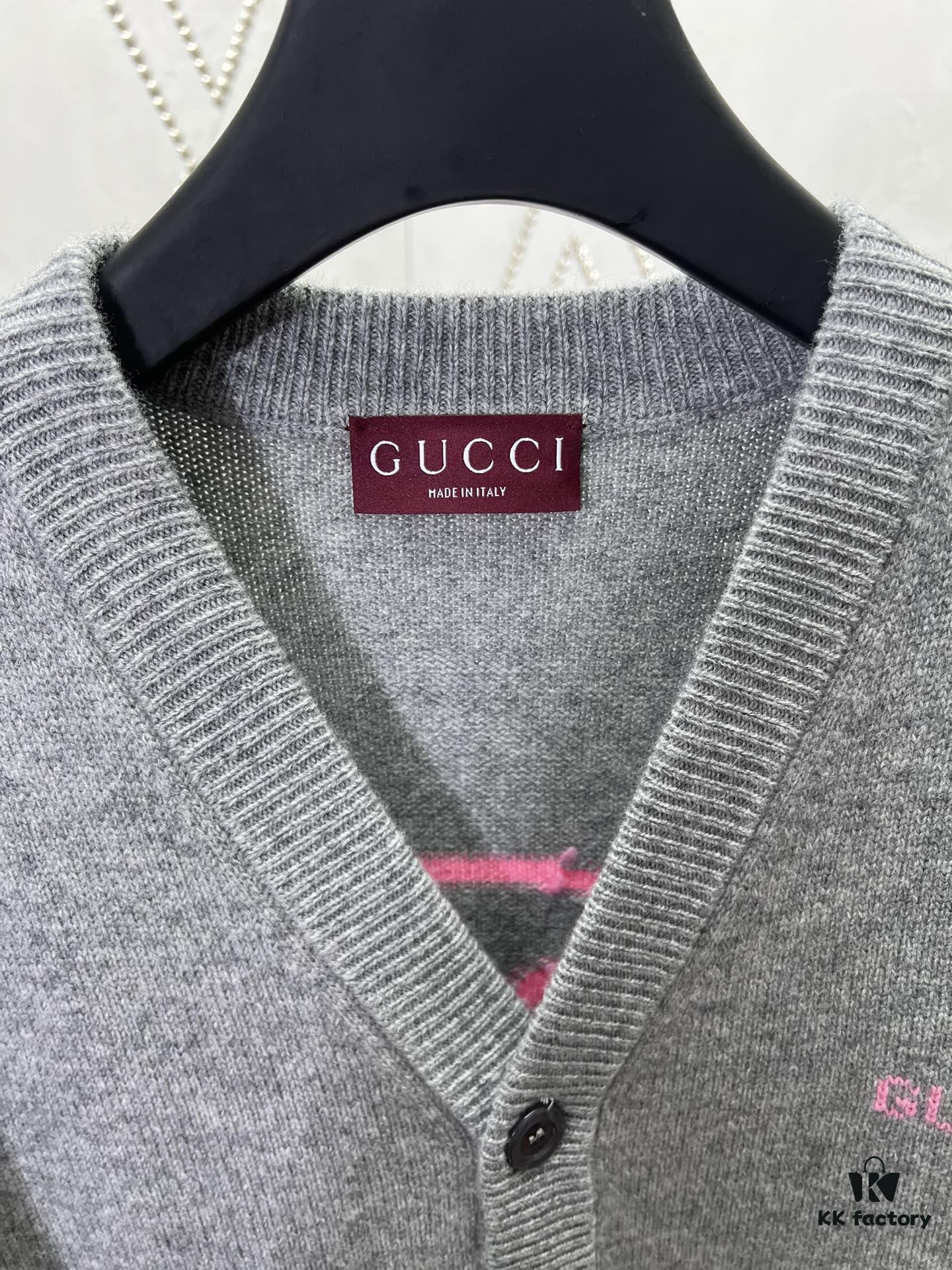 G House 25SS New Arrival Wool Cashmere Blend Knit Cardigan Featuring Refreshed Brand Pattern with Color-Contrast Bright Pink Accents, Creating Delicate Intarsia Effects on Front and Back