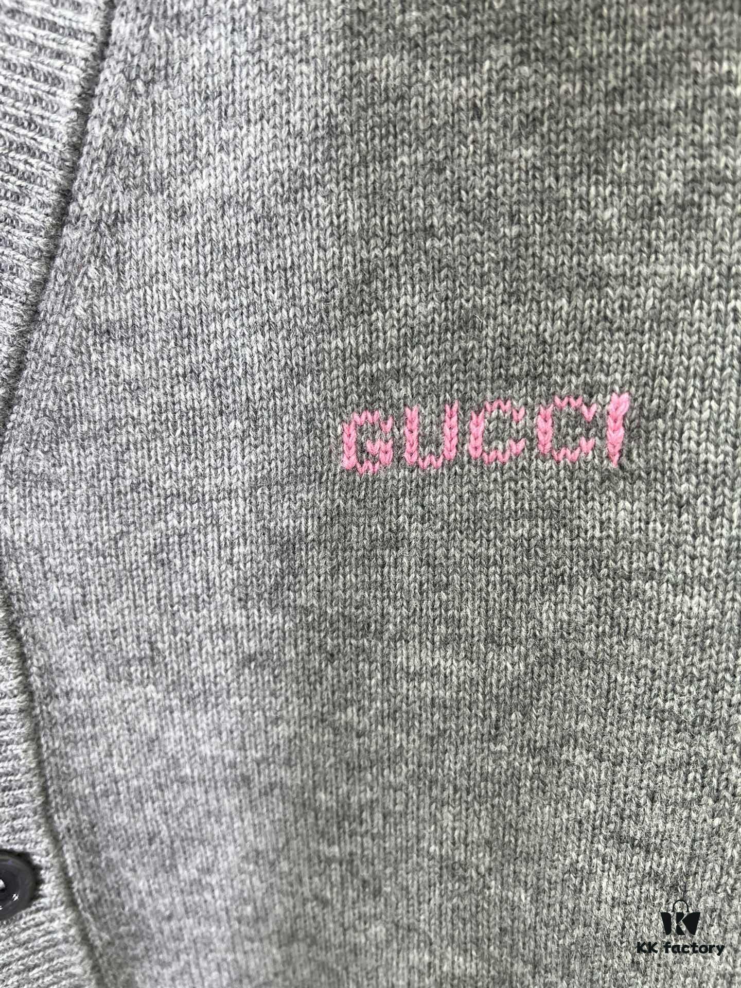 G House 25SS New Arrival Wool Cashmere Blend Knit Cardigan Featuring Refreshed Brand Pattern with Color-Contrast Bright Pink Accents, Creating Delicate Intarsia Effects on Front and Back