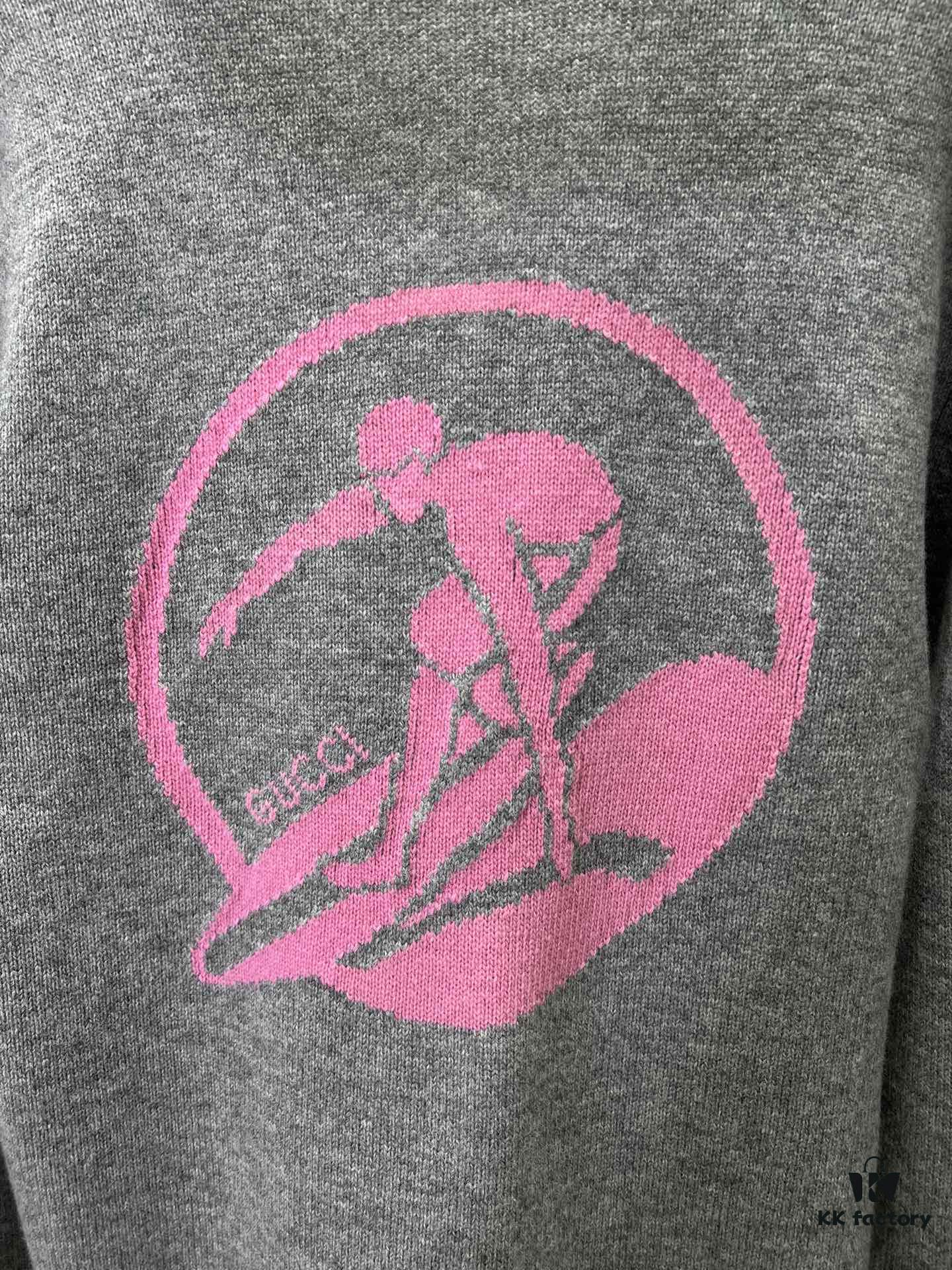 G House 25SS New Arrival Wool Cashmere Blend Knit Cardigan Featuring Refreshed Brand Pattern with Color-Contrast Bright Pink Accents, Creating Delicate Intarsia Effects on Front and Back