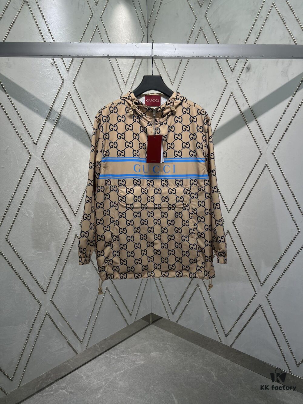 G House 25SS New Arrival Woven Athletic Hooded Long-Sleeve Half-Zip Pullover Jacket with All-Over Double G Interlocking Logo Pattern, Contrasting Bright Blue Stripe and Letter Logo Print, Side Slant Pockets and Velcro Closure Pocket, Elastic Cuffs and Hem, Unisex Casual Style