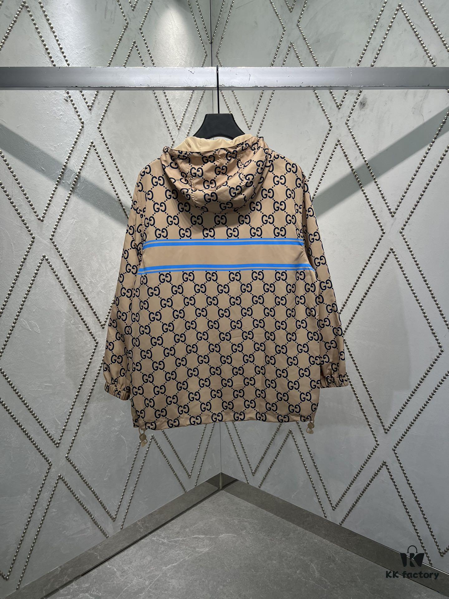 G House 25SS New Arrival Woven Athletic Hooded Long-Sleeve Half-Zip Pullover Jacket with All-Over Double G Interlocking Logo Pattern, Contrasting Bright Blue Stripe and Letter Logo Print, Side Slant Pockets and Velcro Closure Pocket, Elastic Cuffs and Hem, Unisex Casual Style