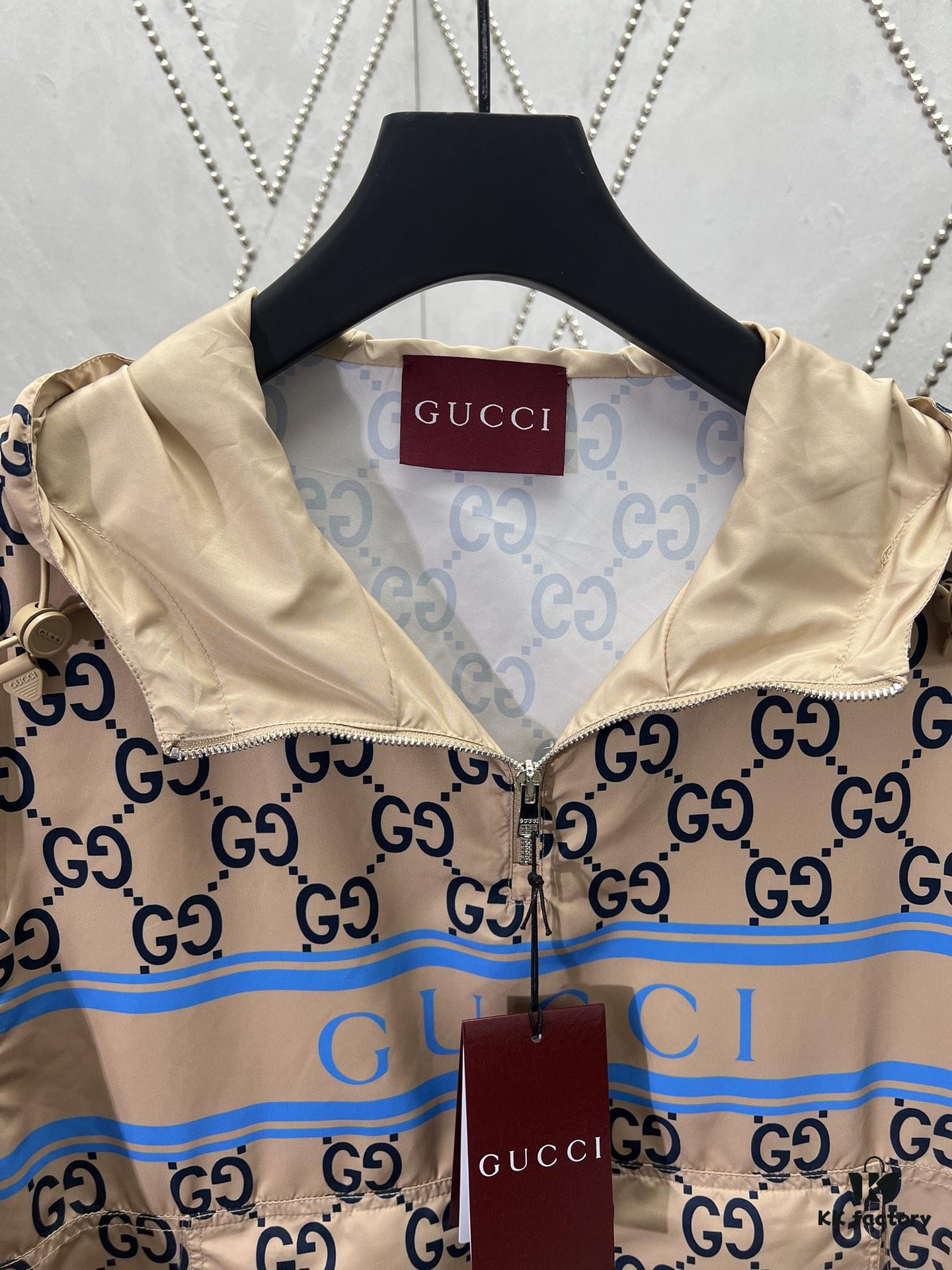 G House 25SS New Arrival Woven Athletic Hooded Long-Sleeve Half-Zip Pullover Jacket with All-Over Double G Interlocking Logo Pattern, Contrasting Bright Blue Stripe and Letter Logo Print, Side Slant Pockets and Velcro Closure Pocket, Elastic Cuffs and Hem, Unisex Casual Style