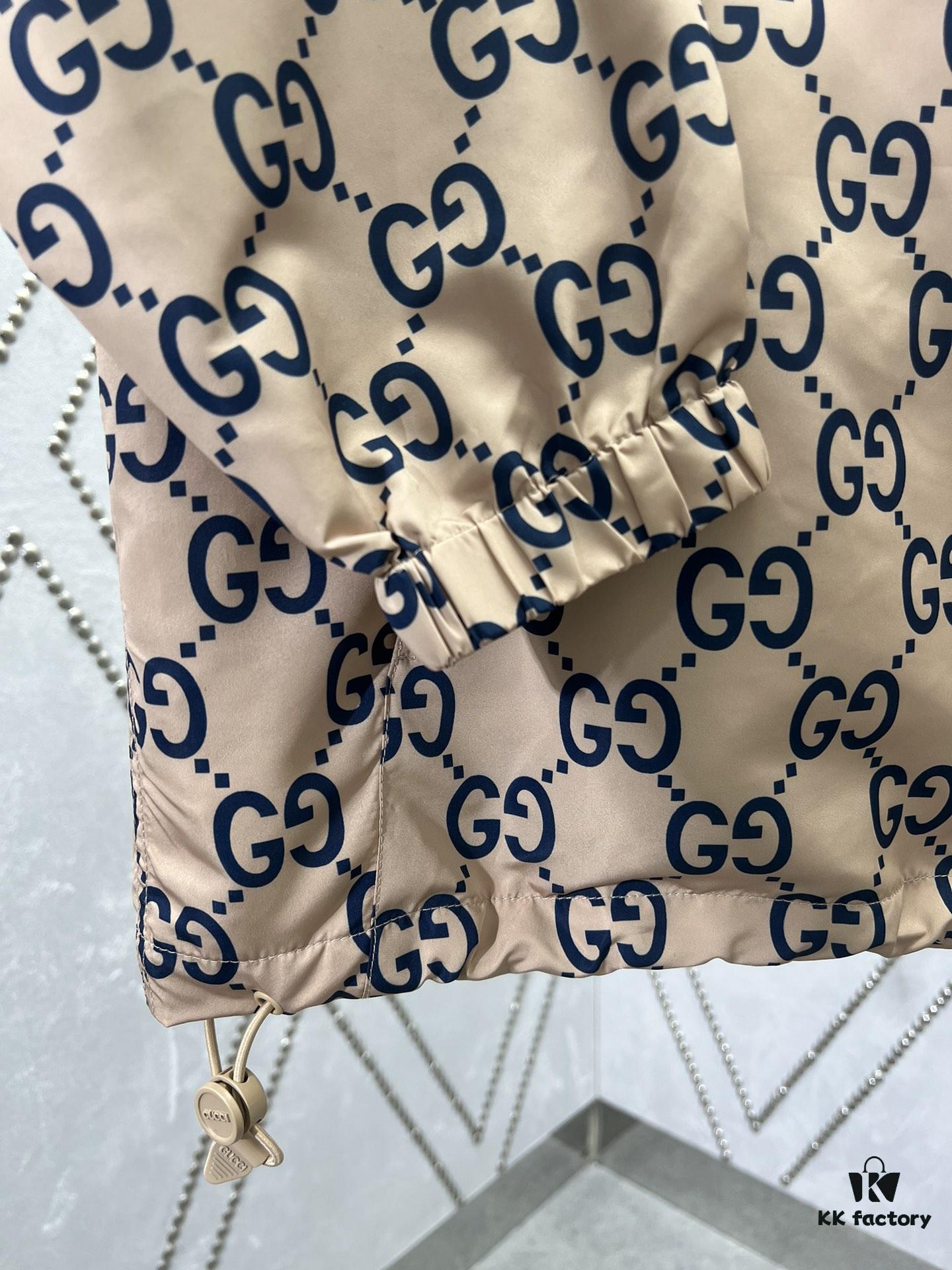 G House 25SS New Arrival Woven Athletic Hooded Long-Sleeve Half-Zip Pullover Jacket with All-Over Double G Interlocking Logo Pattern, Contrasting Bright Blue Stripe and Letter Logo Print, Side Slant Pockets and Velcro Closure Pocket, Elastic Cuffs and Hem, Unisex Casual Style