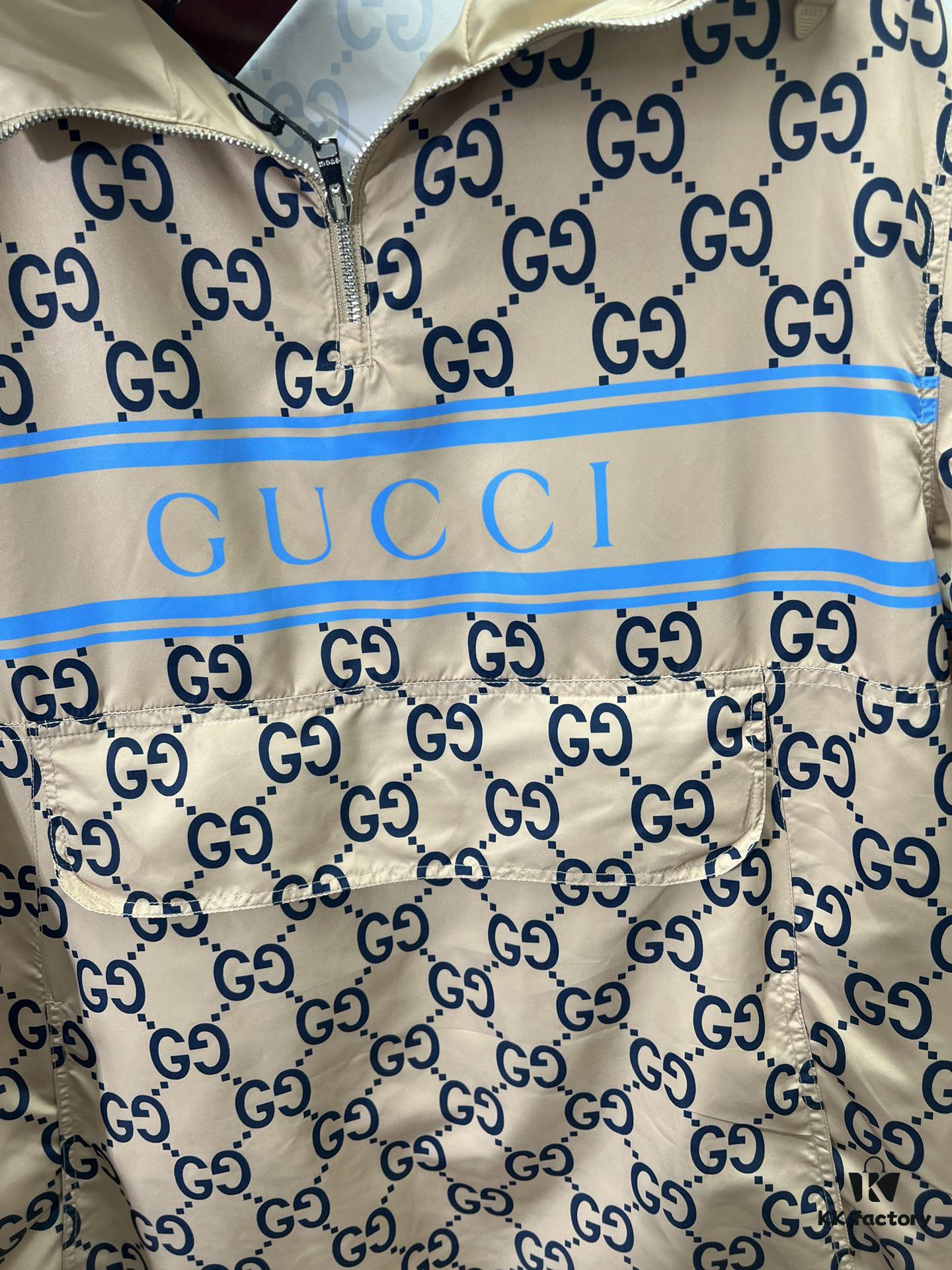 G House 25SS New Arrival Woven Athletic Hooded Long-Sleeve Half-Zip Pullover Jacket with All-Over Double G Interlocking Logo Pattern, Contrasting Bright Blue Stripe and Letter Logo Print, Side Slant Pockets and Velcro Closure Pocket, Elastic Cuffs and Hem, Unisex Casual Style