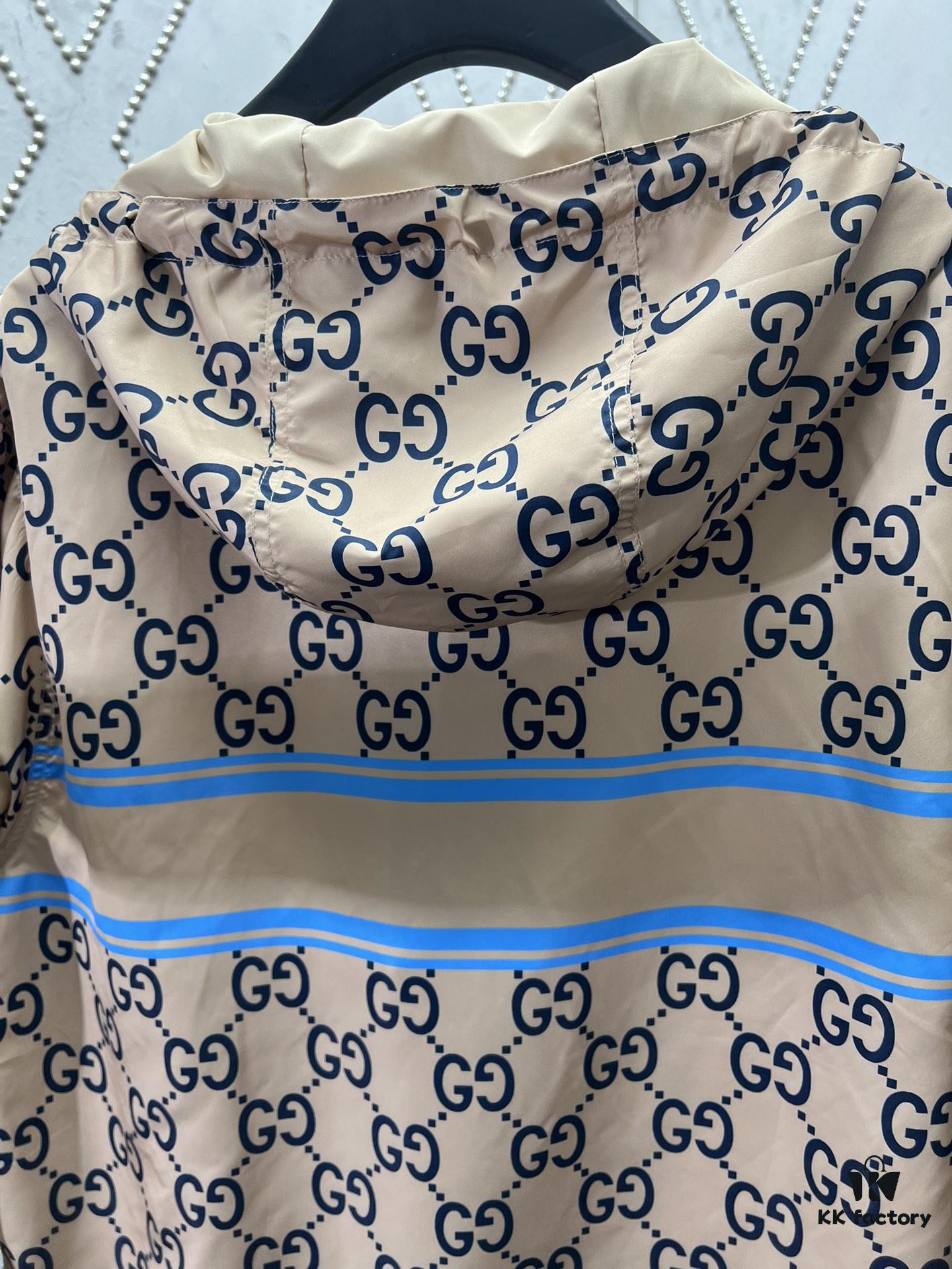 G House 25SS New Arrival Woven Athletic Hooded Long-Sleeve Half-Zip Pullover Jacket with All-Over Double G Interlocking Logo Pattern, Contrasting Bright Blue Stripe and Letter Logo Print, Side Slant Pockets and Velcro Closure Pocket, Elastic Cuffs and Hem, Unisex Casual Style