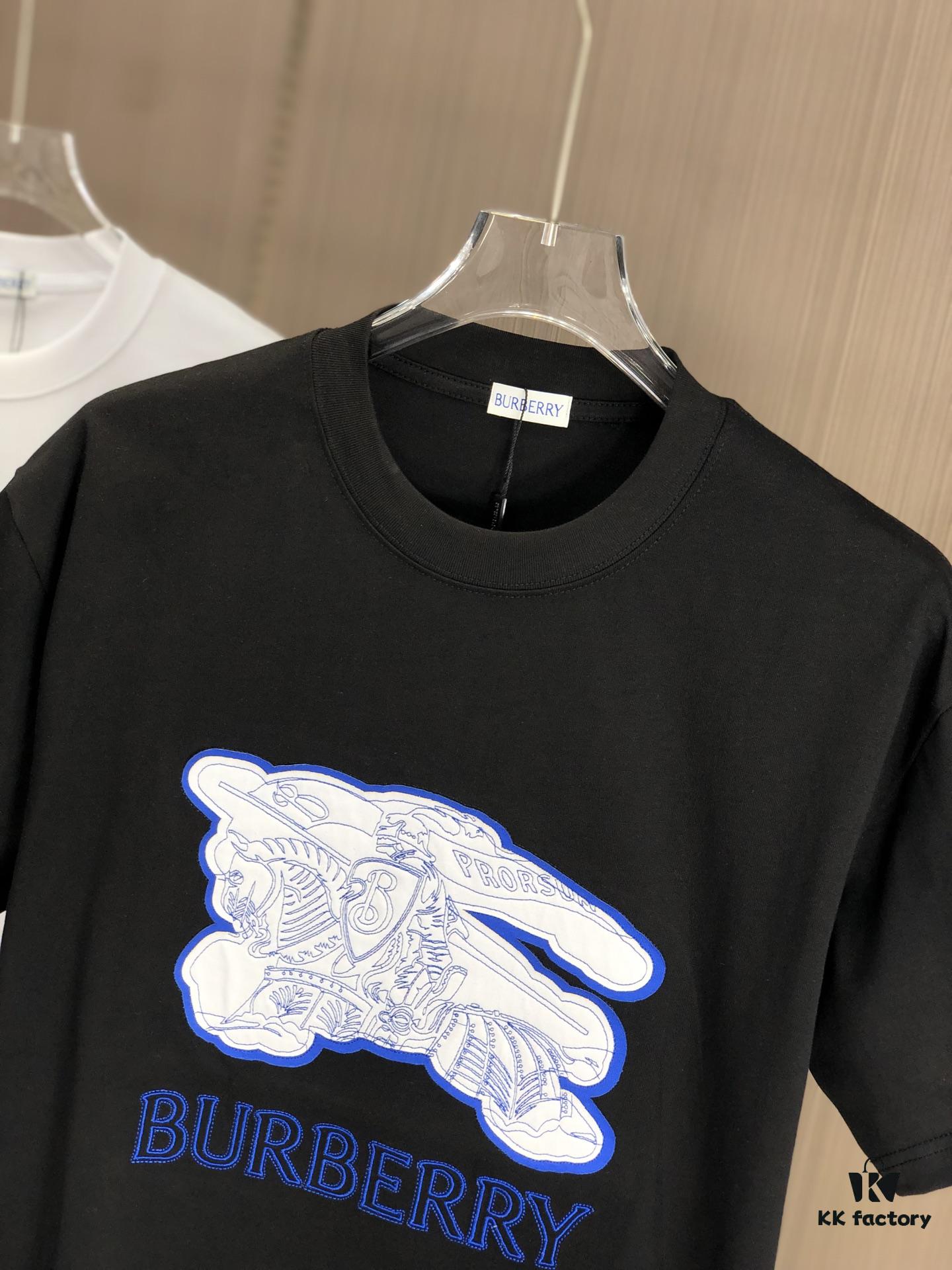 BURBERRY 2025 Spring/Summer New Arrival Round Neck Short Sleeve T-Shirt with Contrasting Embroidery, 320g Double Combed Cotton Fabric, Slightly Loose Unisex Fit