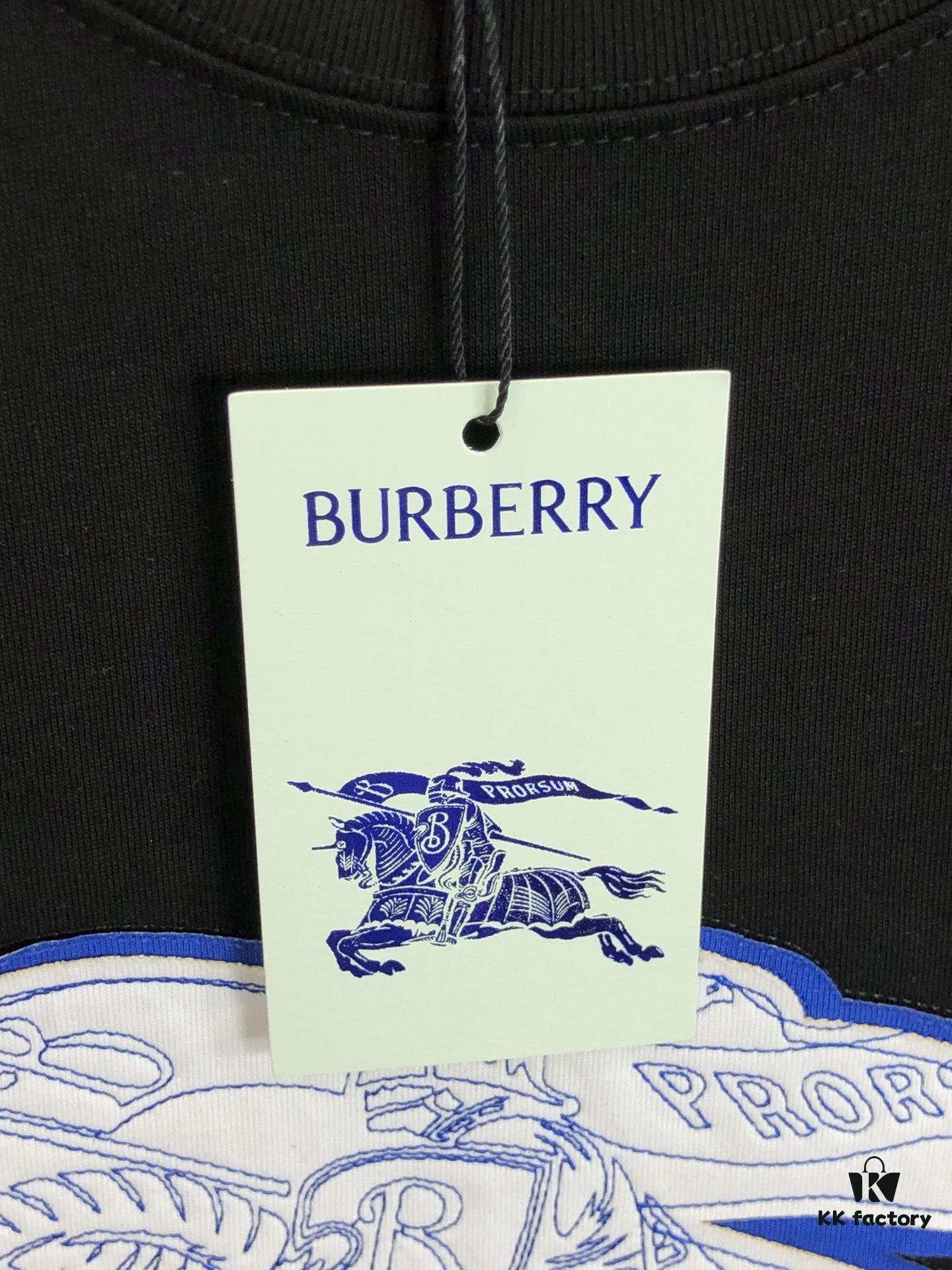 BURBERRY 2025 Spring/Summer New Arrival Round Neck Short Sleeve T-Shirt with Contrasting Embroidery, 320g Double Combed Cotton Fabric, Slightly Loose Unisex Fit