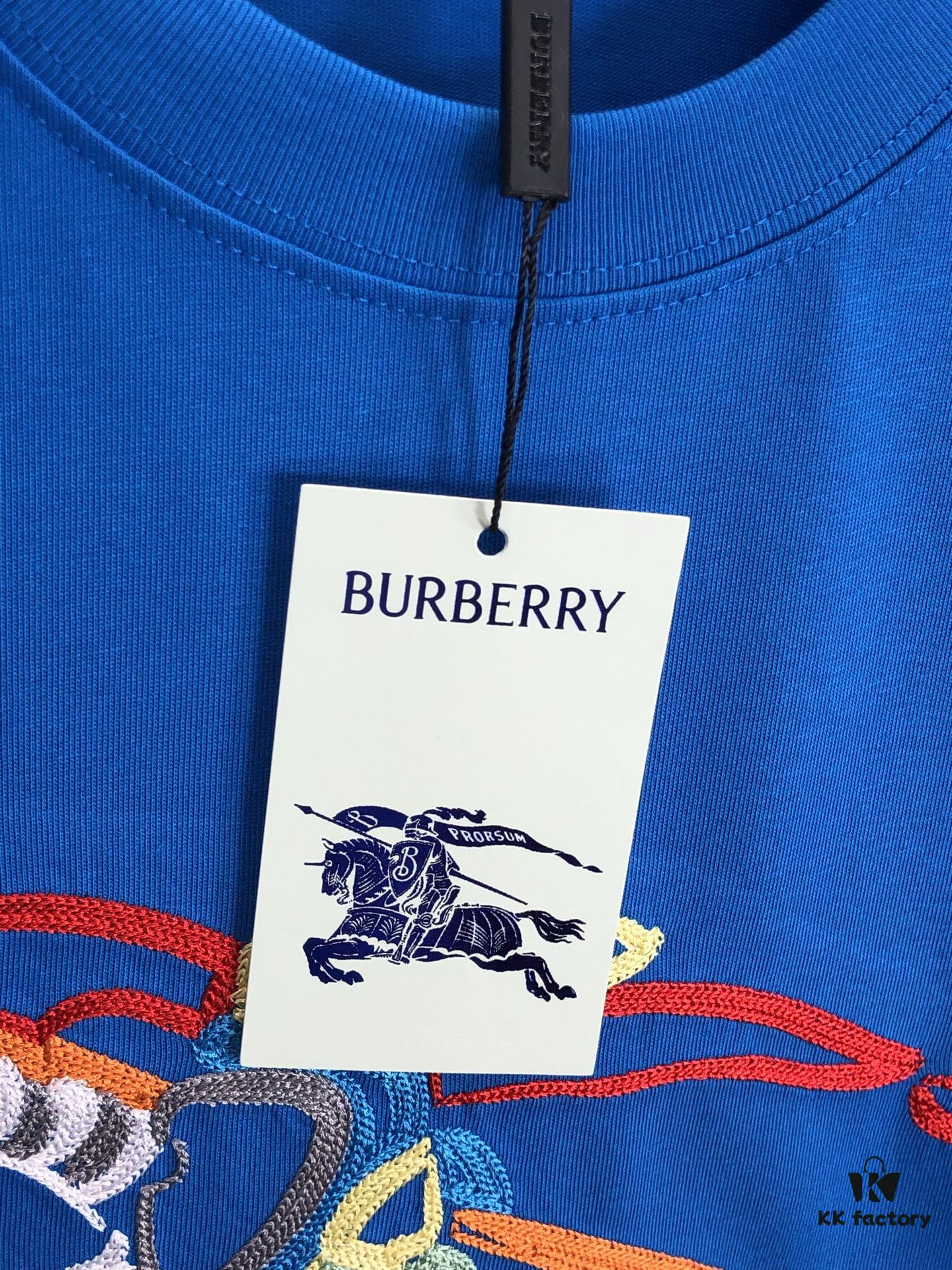 BURBERRY 2025 Spring/Summer New Arrival Round Neck Short Sleeve T-Shirt with Equestrian Chain Embroidery, 320g Double Combed Cotton Fabric, Slightly Loose Unisex Fit