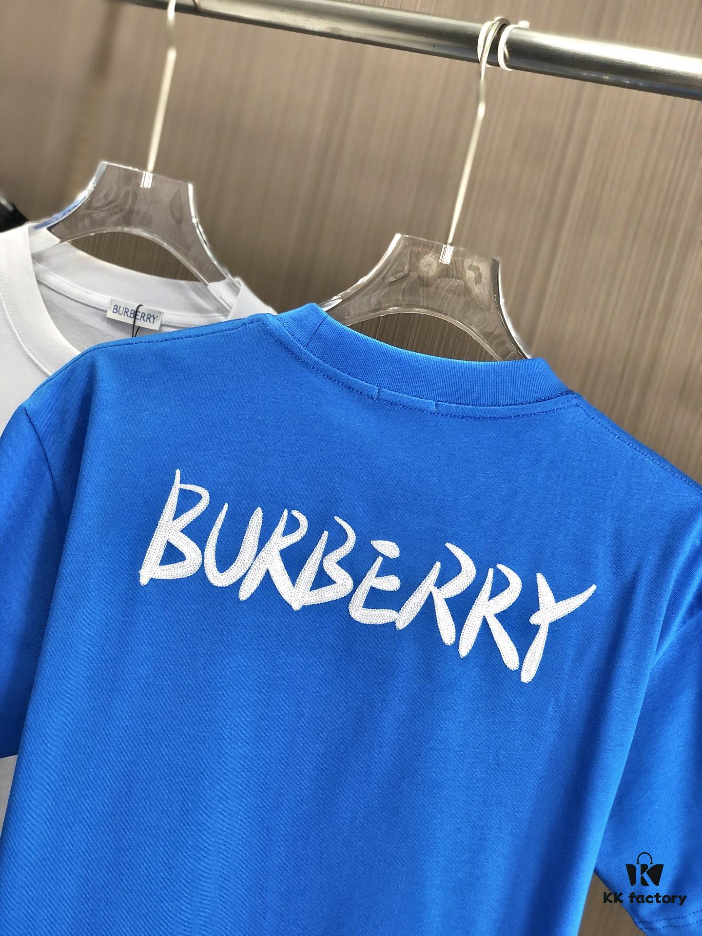 BURBERRY 2025 Spring/Summer New Arrival Round Neck Short Sleeve T-Shirt with Equestrian Chain Embroidery, 320g Double Combed Cotton Fabric, Slightly Loose Unisex Fit
