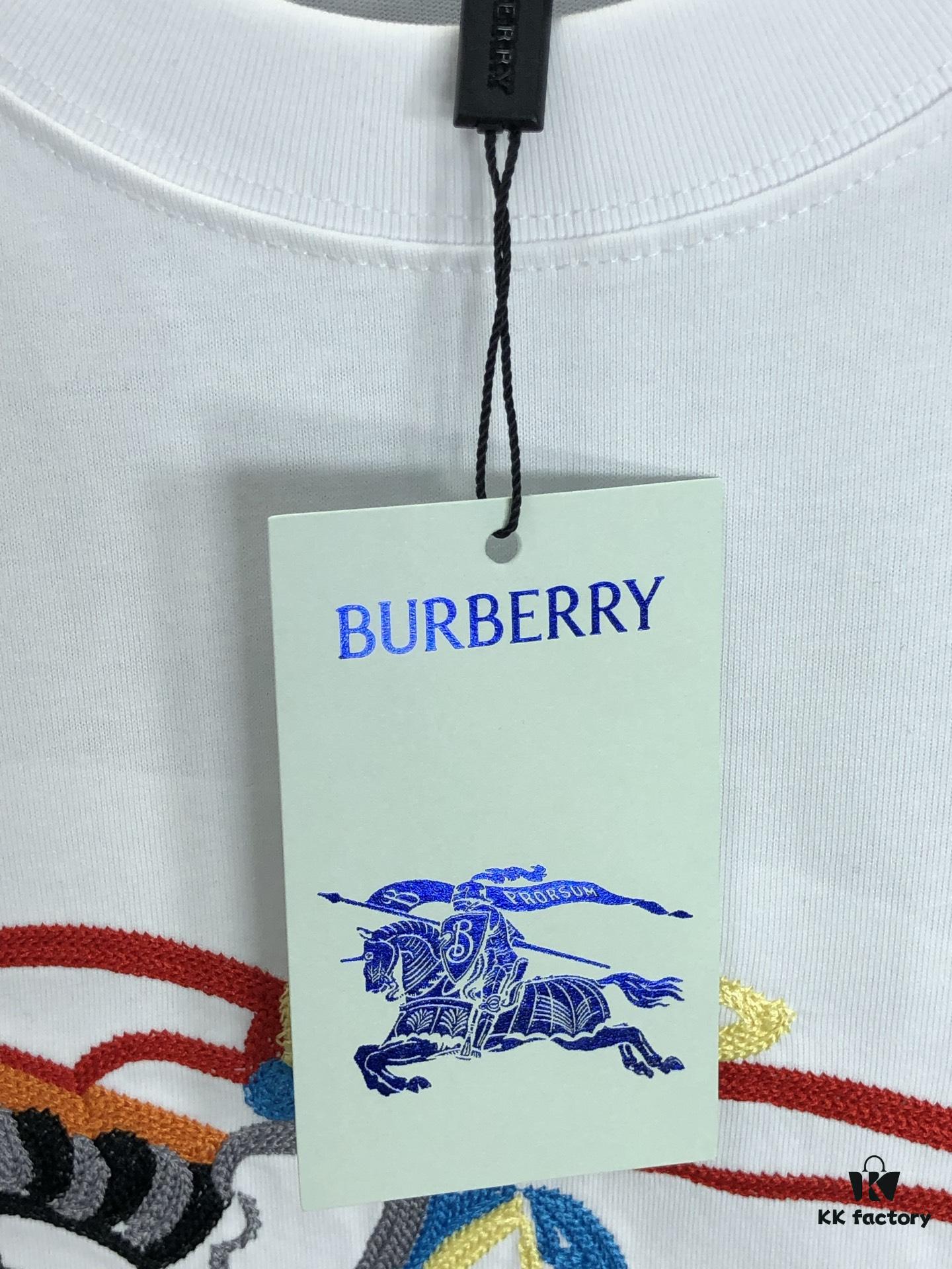 BURBERRY 2025 Spring/Summer New Arrival Round Neck Short Sleeve T-Shirt with Equestrian Chain Embroidery, 320g Double Combed Cotton Fabric, Slightly Loose Unisex Fit