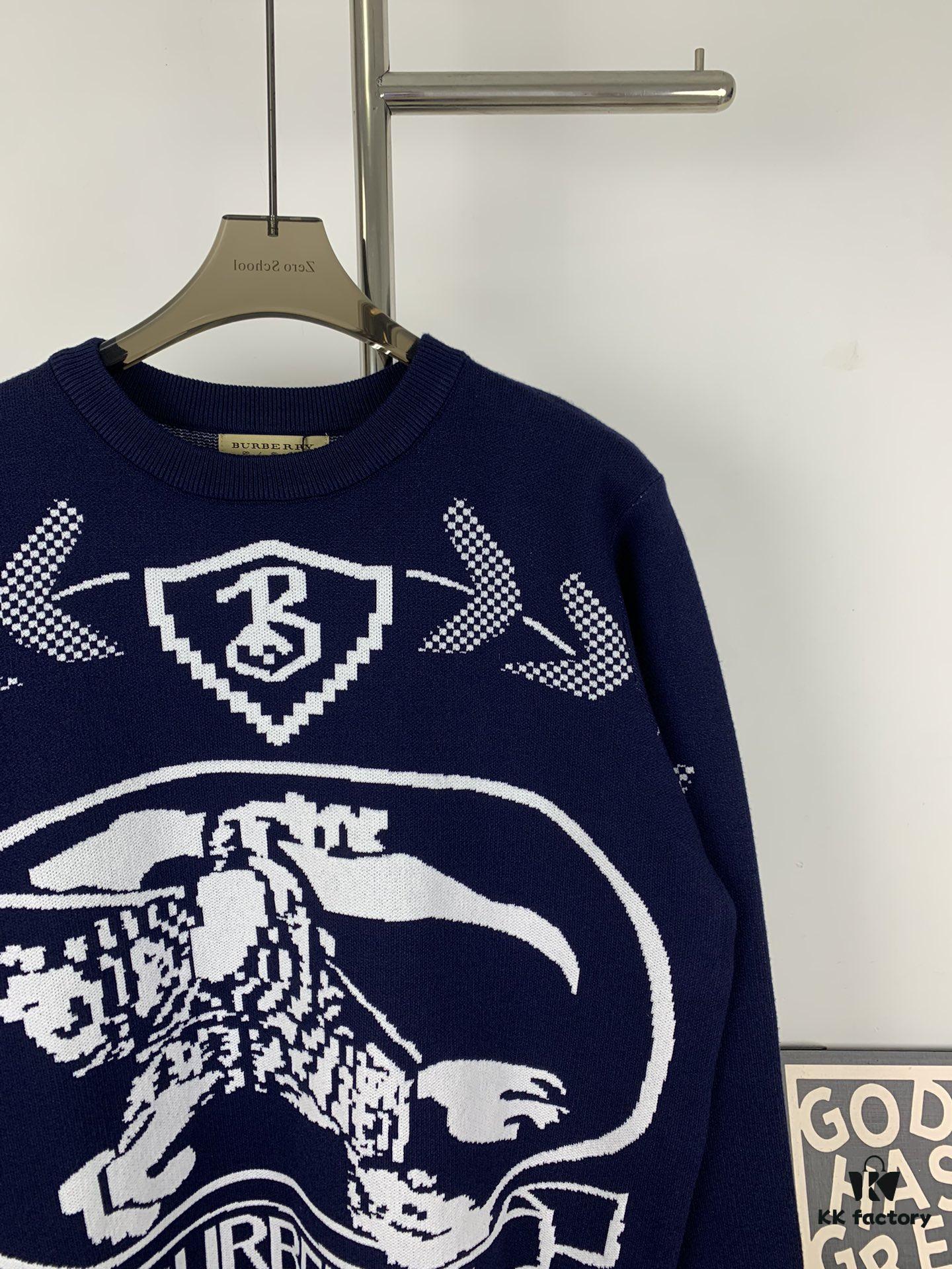 New BURBERRY Classic Blue Equestrian Knight Jacquard Crew-Neck Knit Sweater for Couples - Premium Original Single Version