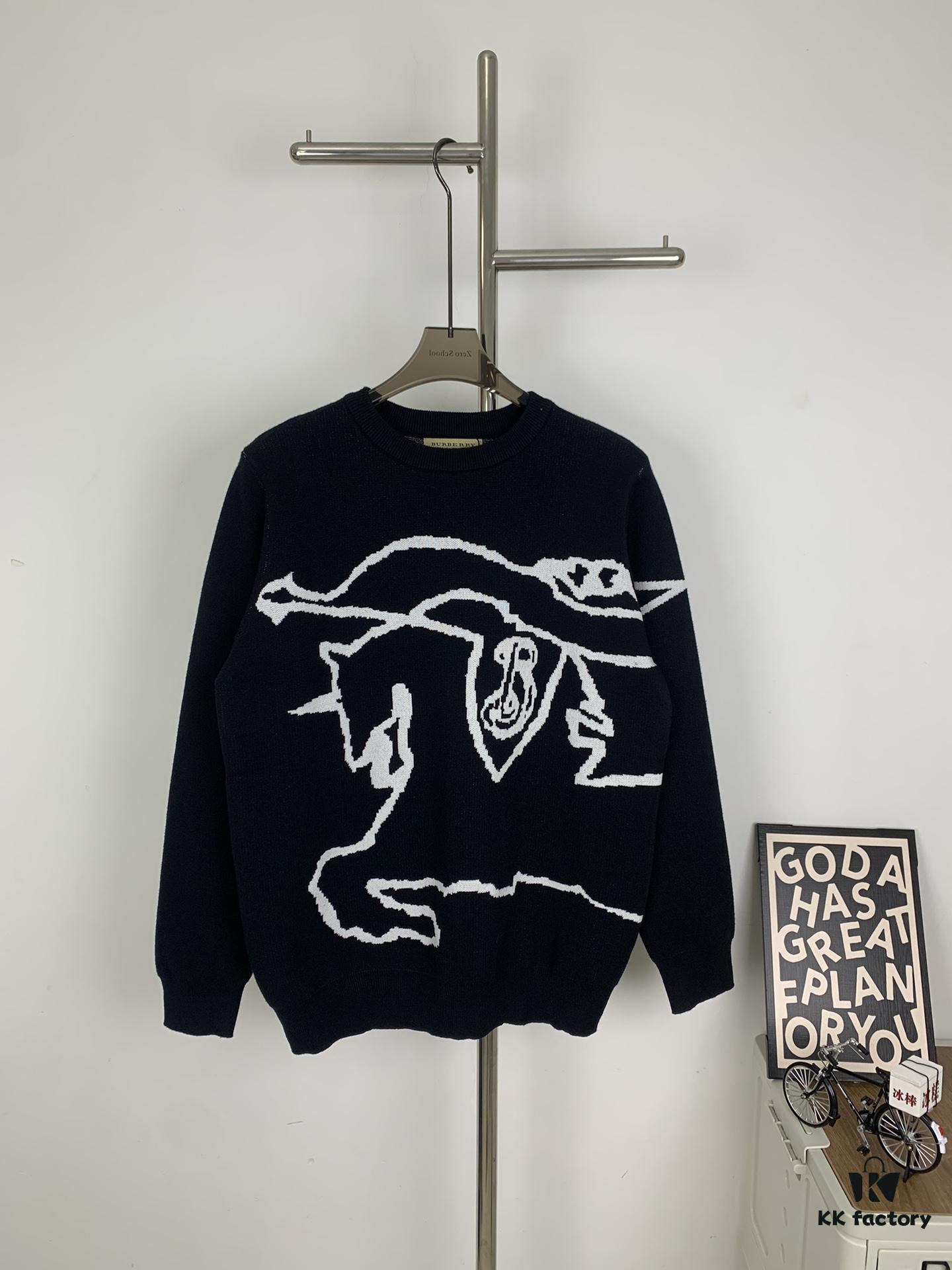 New BURBERRY BBR 24SS Limited Edition Equestrian Knight Black Horse Jacquard Knitwear Unisex Crew Neck Sweater