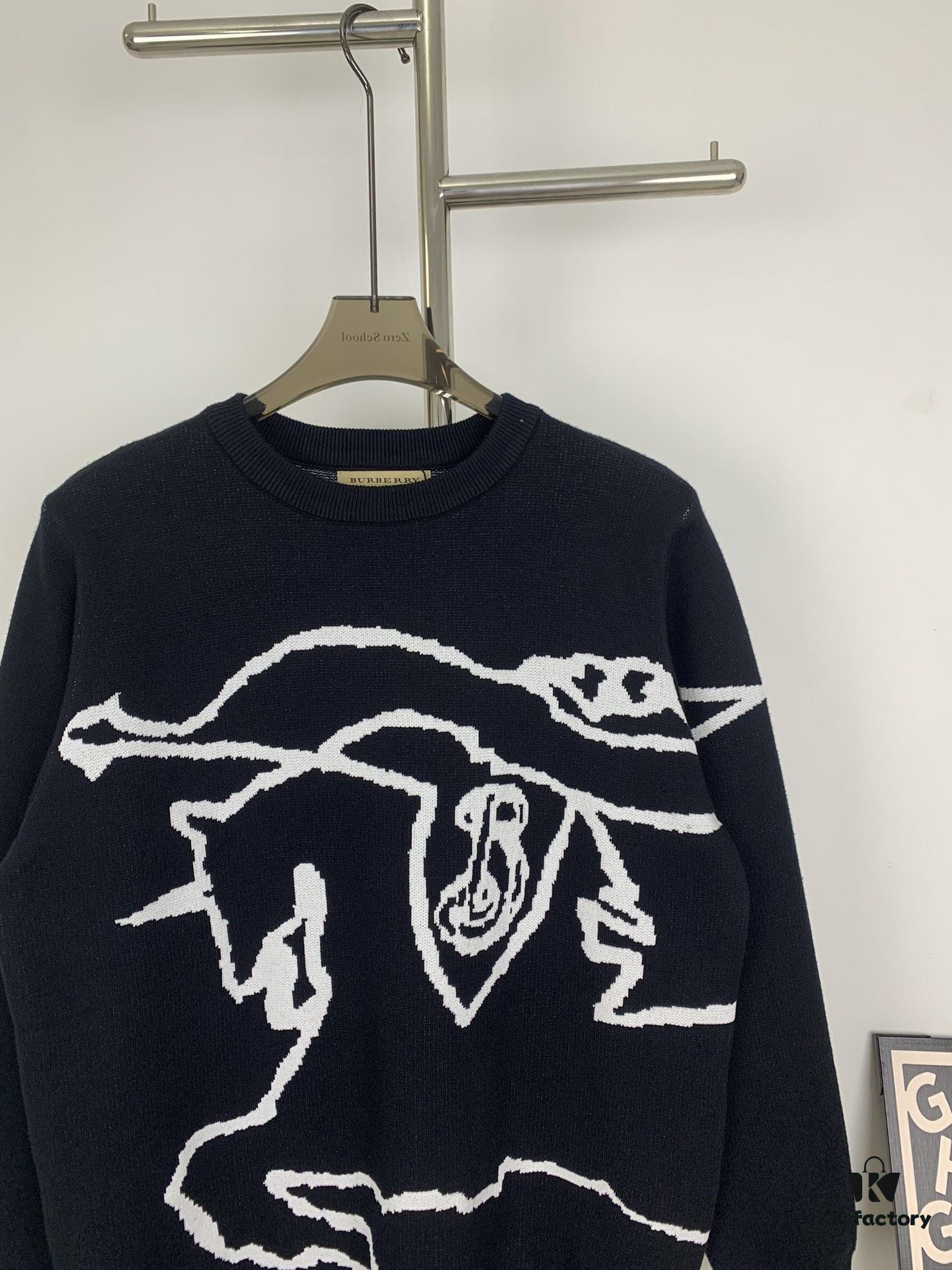 New BURBERRY BBR 24SS Limited Edition Equestrian Knight Black Horse Jacquard Knitwear Unisex Crew Neck Sweater