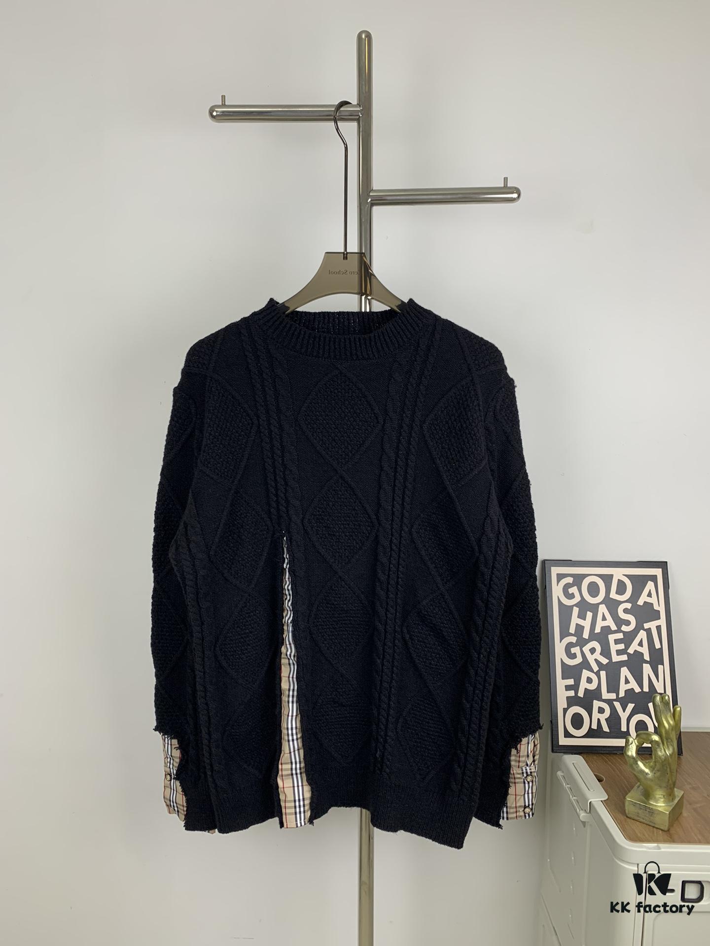 New Burberry 2024 Fall/Winter Black Patchwork Sweater Unisex Classic Plaid Design Hand-Cut Distressed Detail High-Density Knitwear