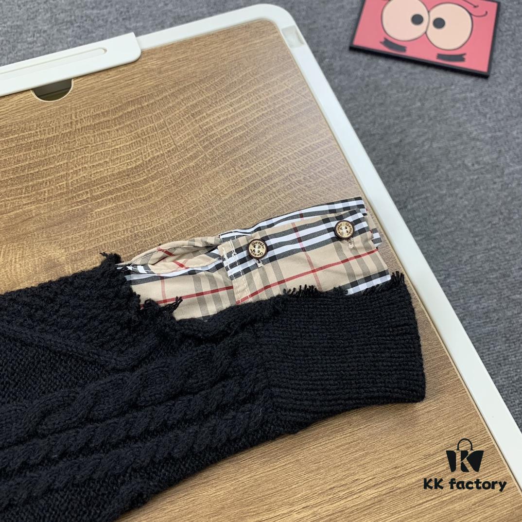 New Burberry 2024 Fall/Winter Black Patchwork Sweater Unisex Classic Plaid Design Hand-Cut Distressed Detail High-Density Knitwear