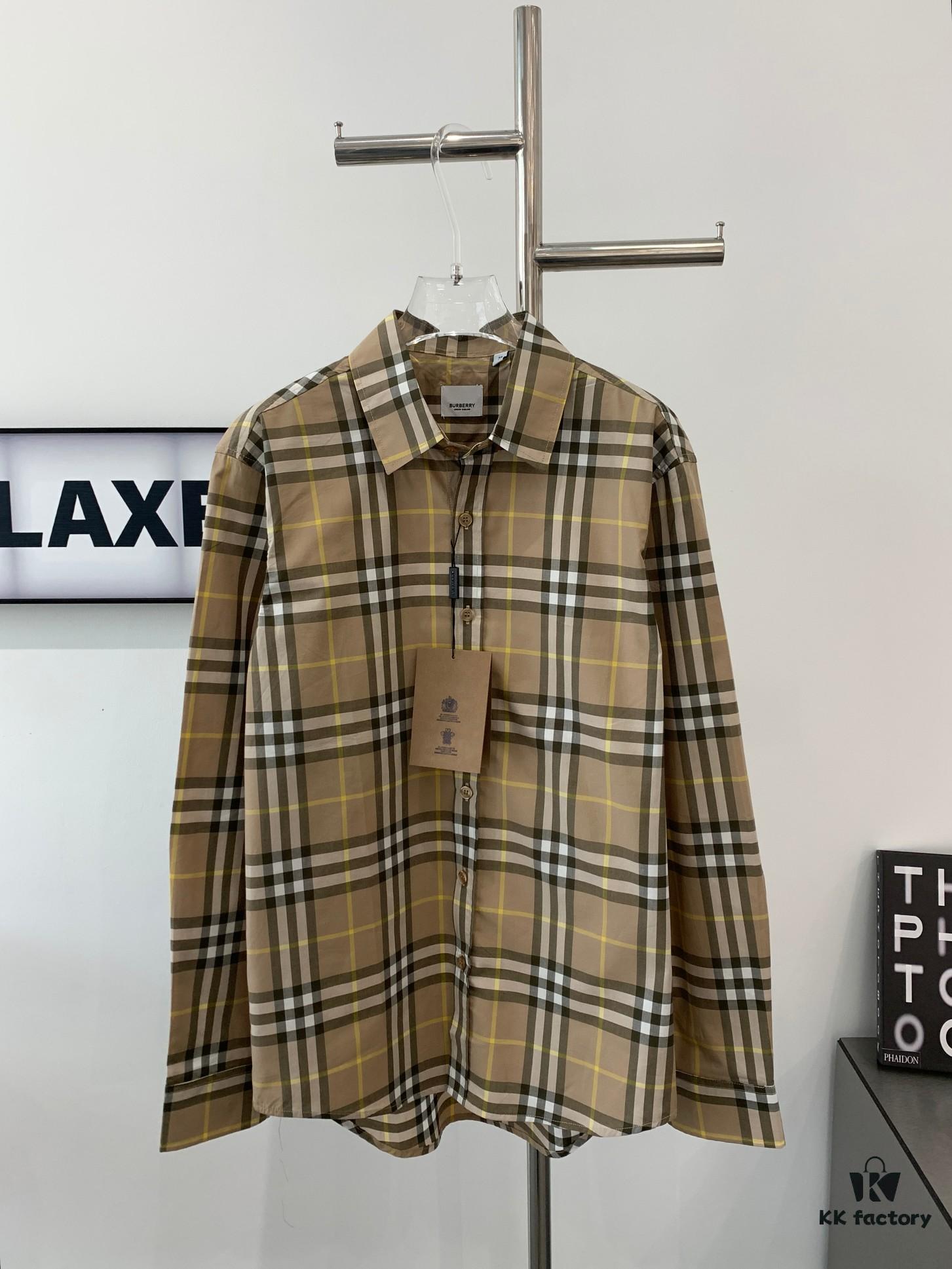 New BURBERRY/Barbouri Classic Yellow Tartan Stripe Long Sleeve Shirt, Iconic BBR Brand Checkered Pattern Shirt