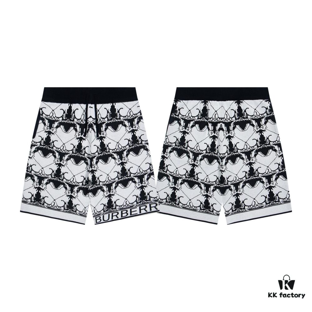 New BURBERRY Barbour Full-Print Knit Shorts, 2023SS Collection, Custom Waffle-Knit Fabric, Jacquard Knit Design, Striped Pattern, Premium Hardware Drawstring, Fashionable and Comfortable Fit