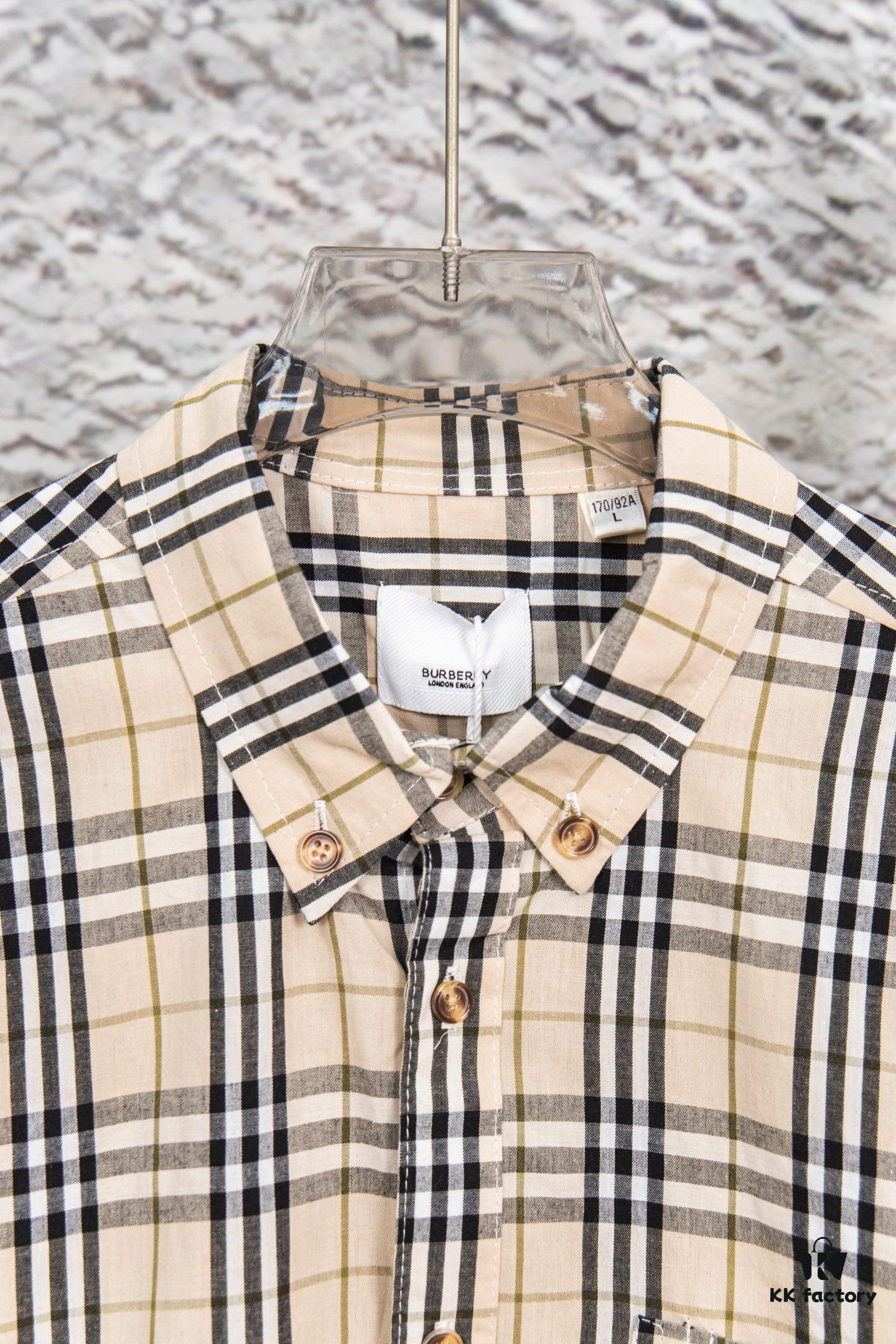 Burberry Letter Plaid Cotton Poplin Shirt, 100% Pure Cotton, Original Quality, Custom Buttons, Chest Patch Pocket, Terry Cloth Appliqué on Sleeves, All-Over Pattern Matching, Unisex Design