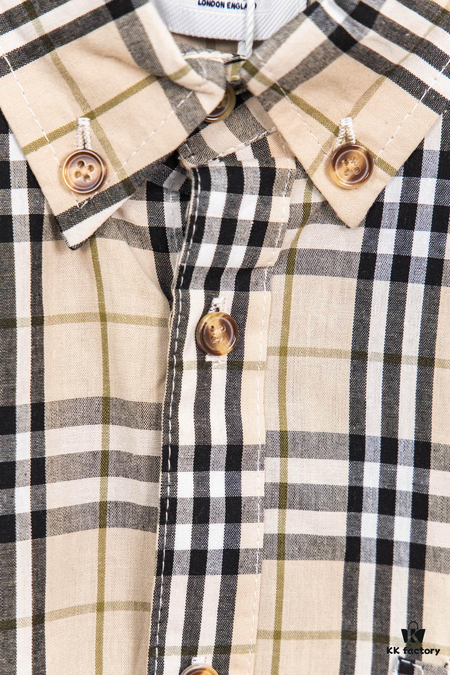 Burberry Letter Plaid Cotton Poplin Shirt, 100% Pure Cotton, Original Quality, Custom Buttons, Chest Patch Pocket, Terry Cloth Appliqué on Sleeves, All-Over Pattern Matching, Unisex Design