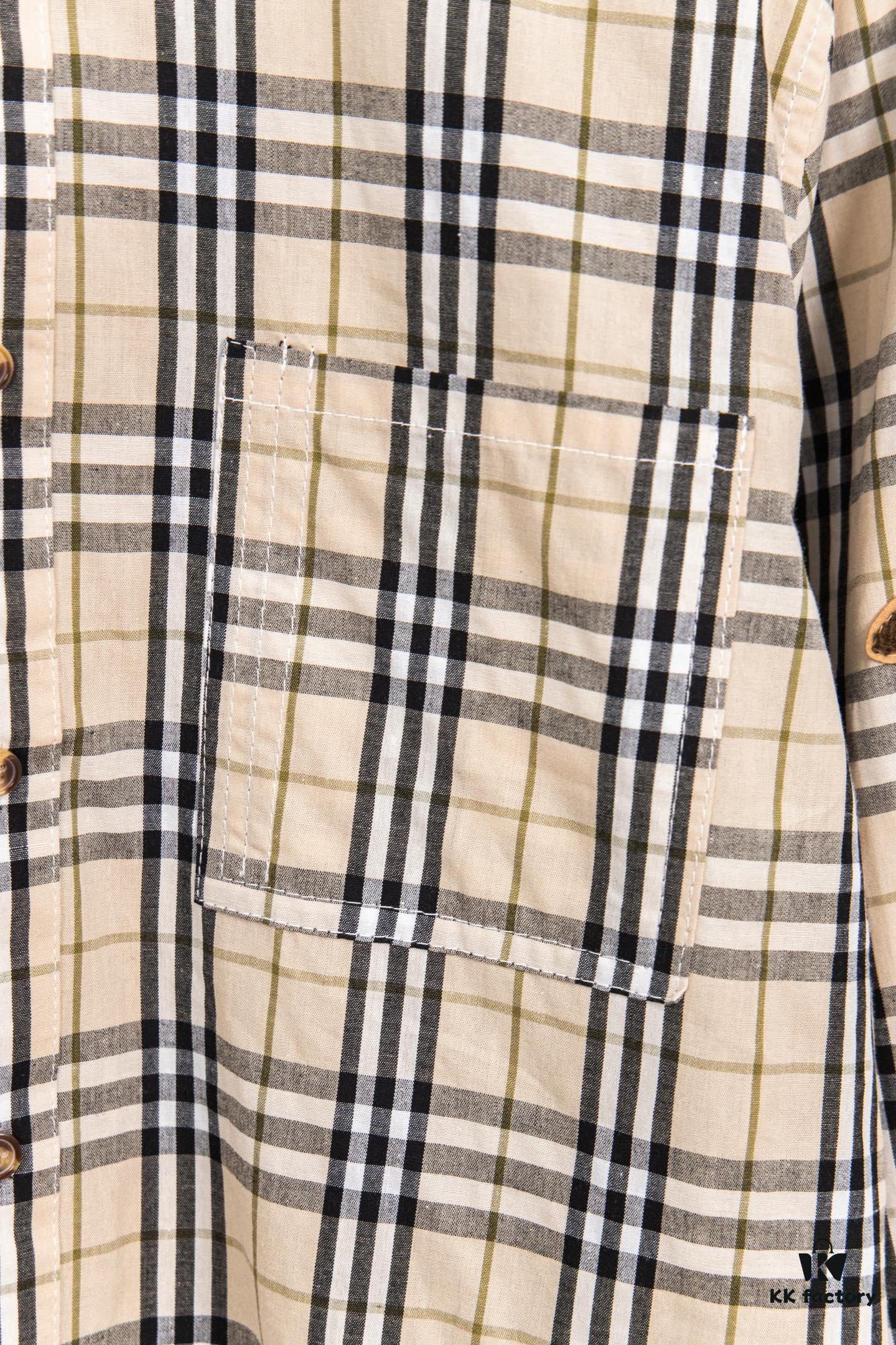 Burberry Letter Plaid Cotton Poplin Shirt, 100% Pure Cotton, Original Quality, Custom Buttons, Chest Patch Pocket, Terry Cloth Appliqué on Sleeves, All-Over Pattern Matching, Unisex Design