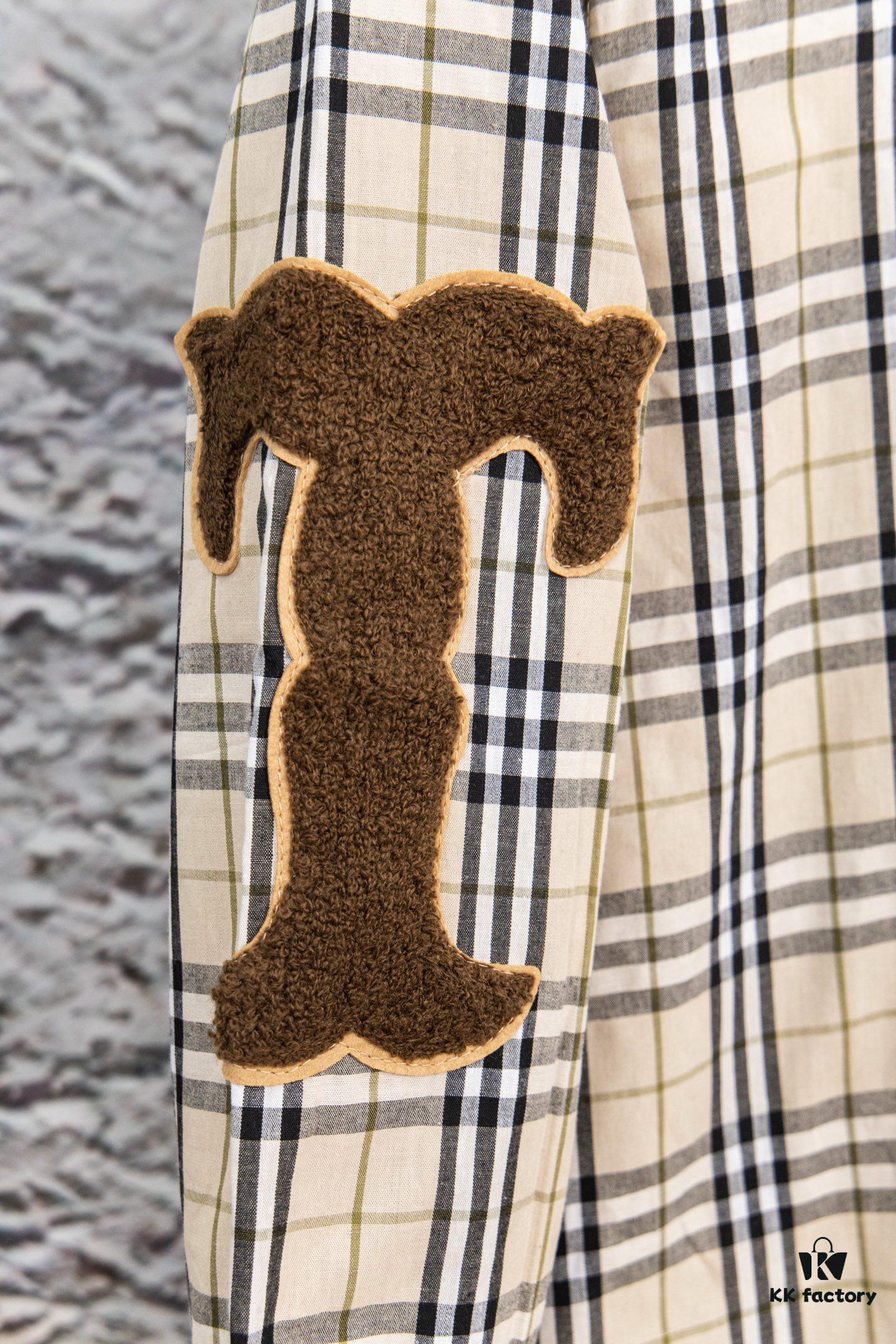 Burberry Letter Plaid Cotton Poplin Shirt, 100% Pure Cotton, Original Quality, Custom Buttons, Chest Patch Pocket, Terry Cloth Appliqué on Sleeves, All-Over Pattern Matching, Unisex Design