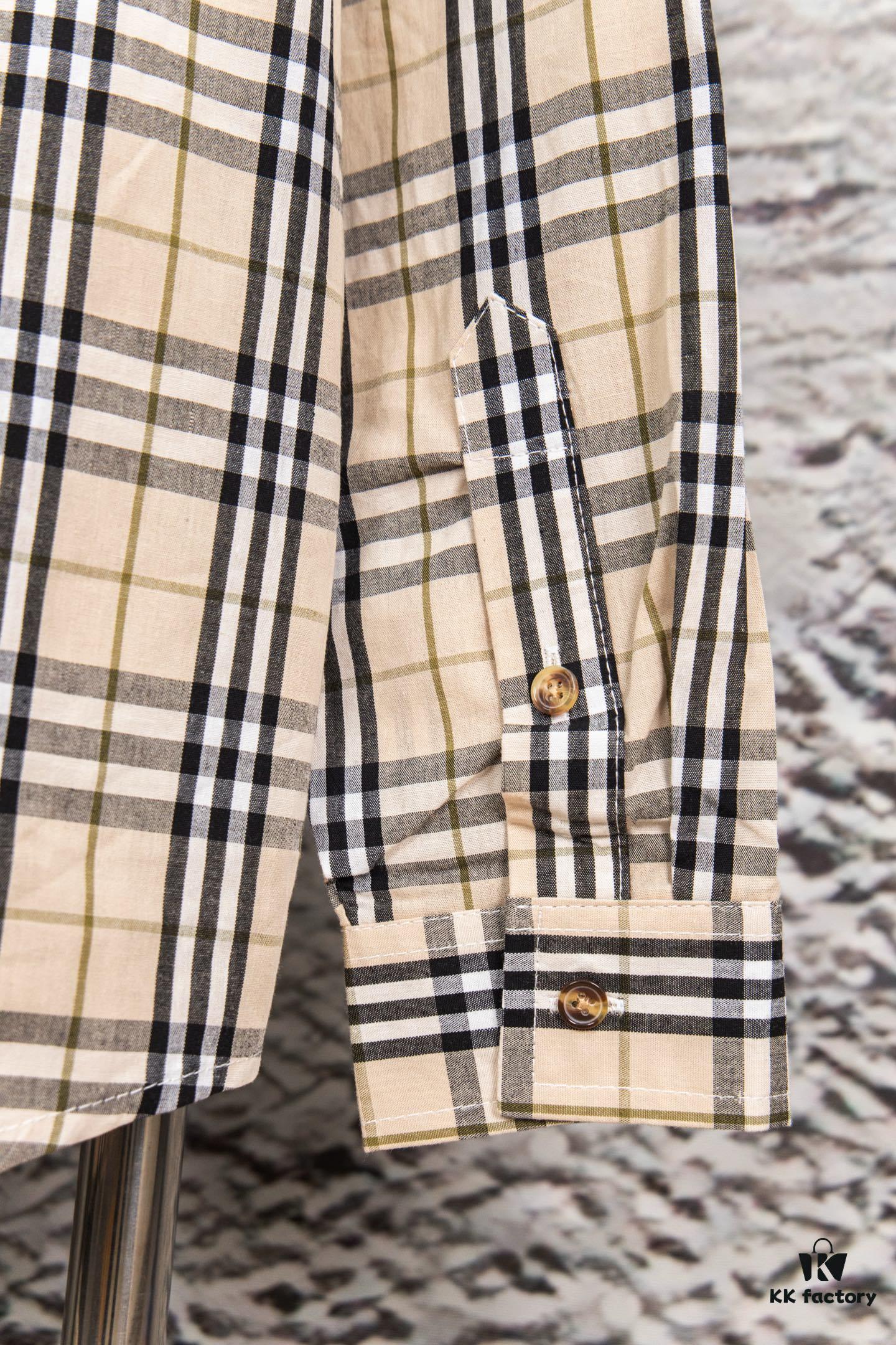 Burberry Letter Plaid Cotton Poplin Shirt, 100% Pure Cotton, Original Quality, Custom Buttons, Chest Patch Pocket, Terry Cloth Appliqué on Sleeves, All-Over Pattern Matching, Unisex Design