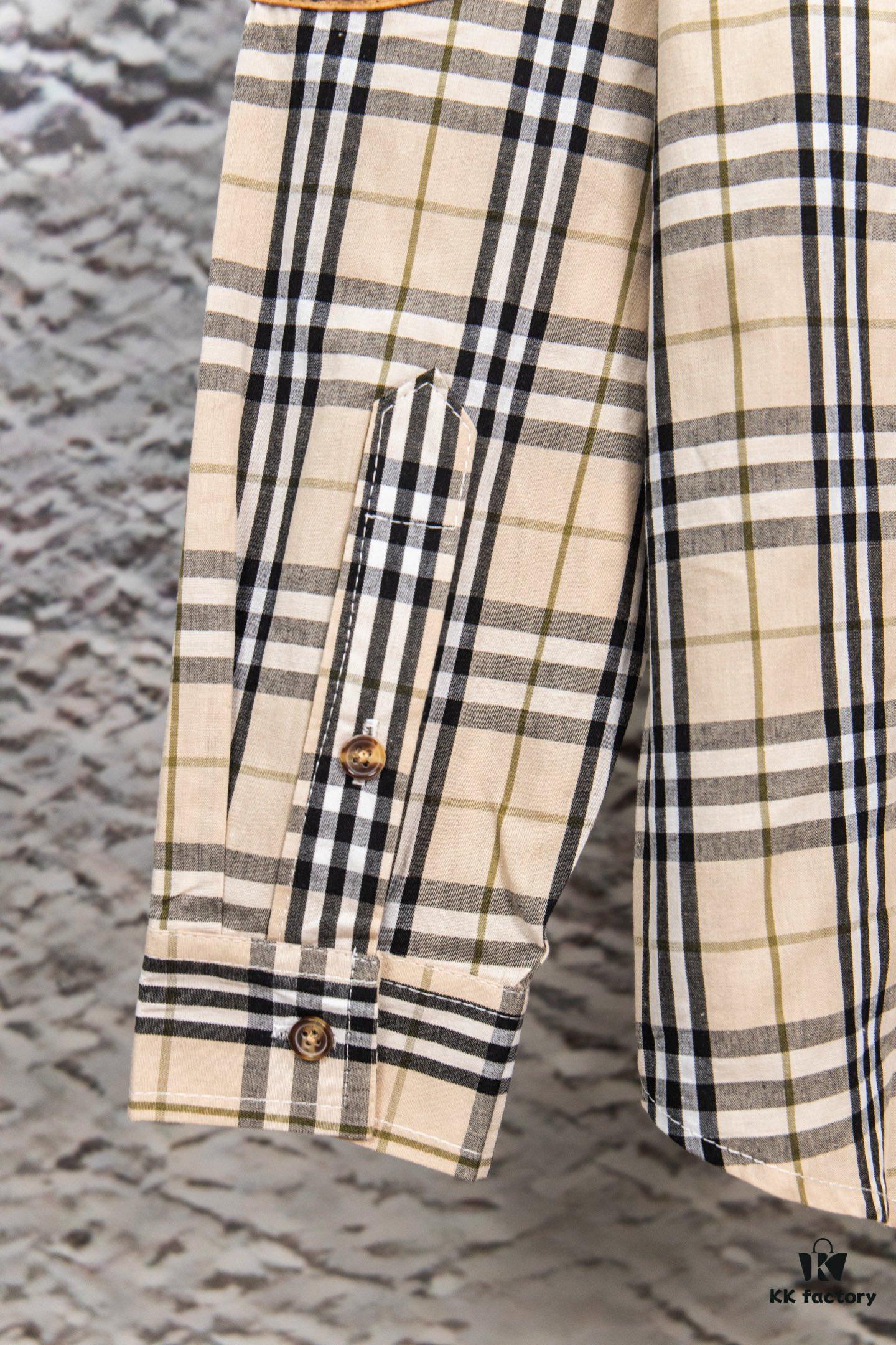 Burberry Letter Plaid Cotton Poplin Shirt, 100% Pure Cotton, Original Quality, Custom Buttons, Chest Patch Pocket, Terry Cloth Appliqué on Sleeves, All-Over Pattern Matching, Unisex Design
