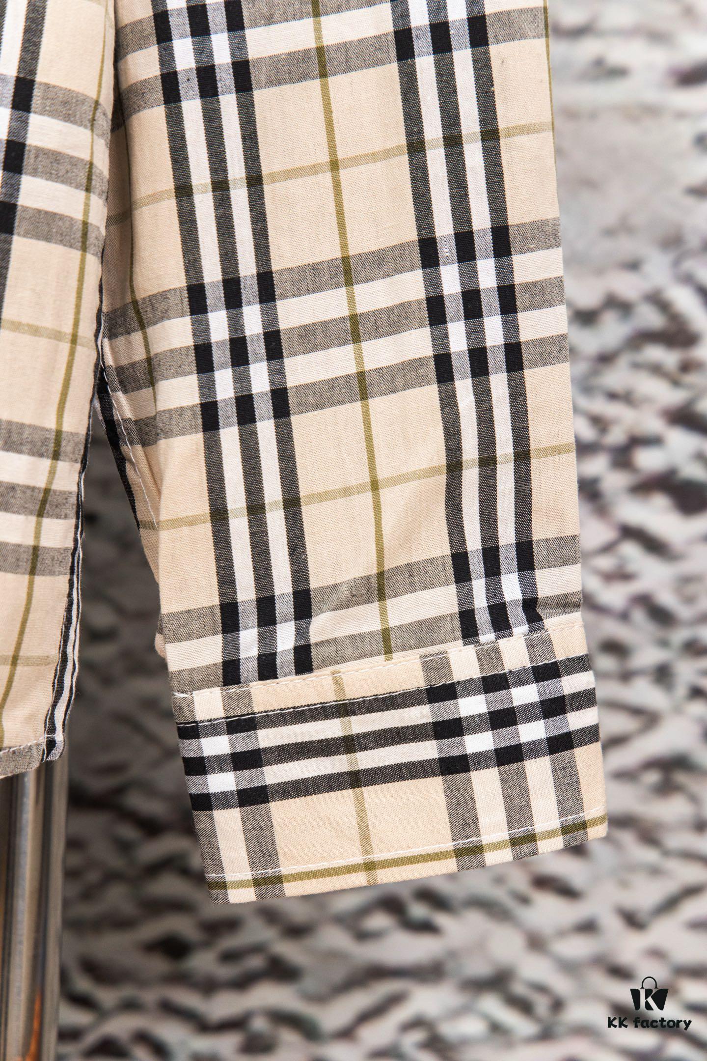 Burberry Letter Plaid Cotton Poplin Shirt, 100% Pure Cotton, Original Quality, Custom Buttons, Chest Patch Pocket, Terry Cloth Appliqué on Sleeves, All-Over Pattern Matching, Unisex Design