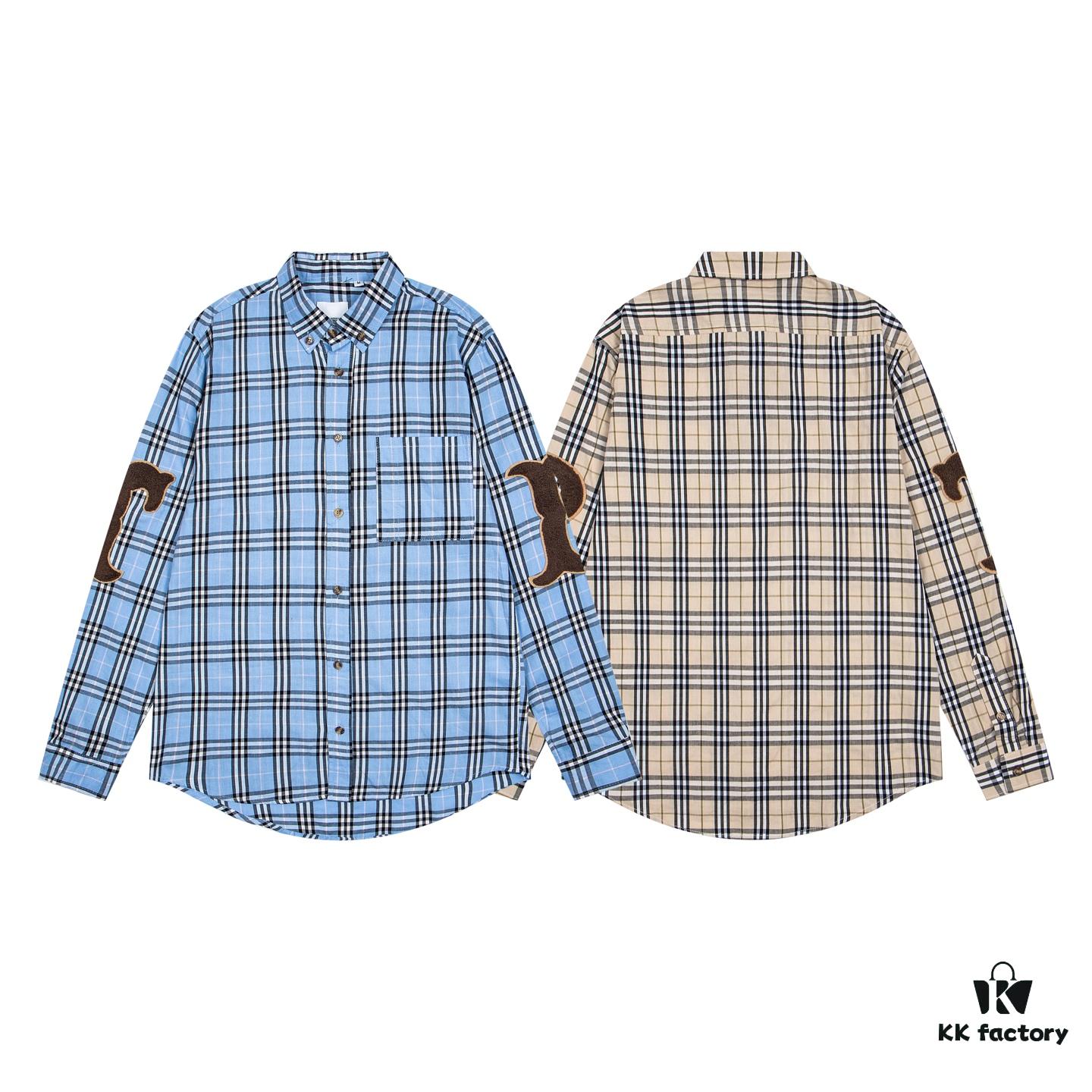 Burberry Letter Plaid Cotton Poplin Shirt, 100% Pure Cotton, Original Quality, Custom Buttons, Chest Patch Pocket, Toweling Fabric Appliqué on Sleeves, All-Over Pattern Matching, Unisex Design