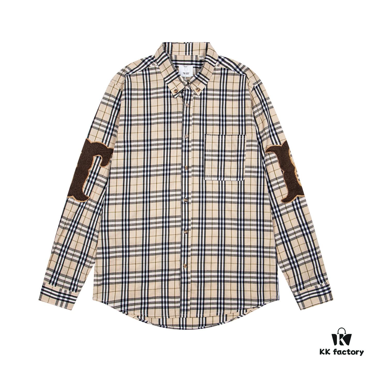 Burberry Letter Plaid Cotton Poplin Shirt, 100% Pure Cotton, Original Quality, Custom Buttons, Chest Patch Pocket, Toweling Fabric Appliqué on Sleeves, All-Over Pattern Matching, Unisex Design