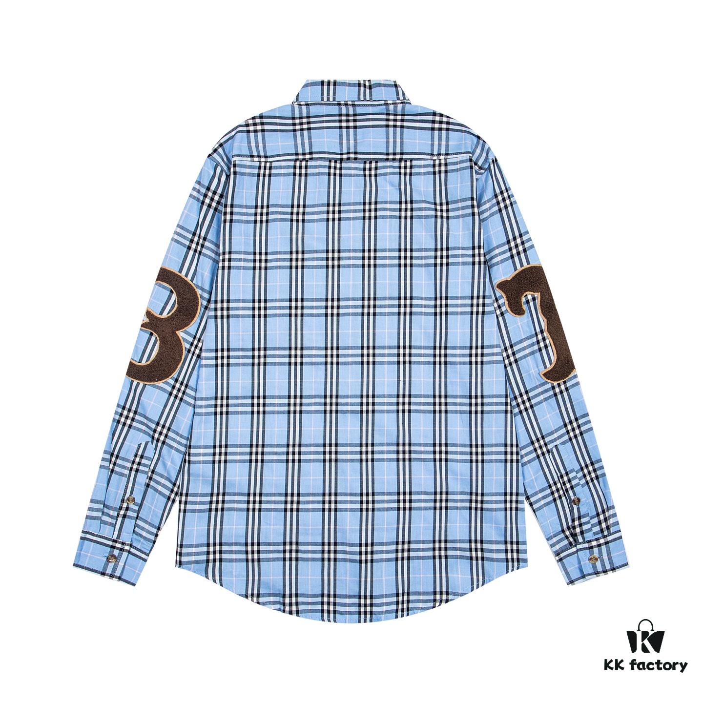 Burberry Letter Plaid Cotton Poplin Shirt, Original 100% Cotton, Premium Quality with Custom Buttons, Patch Pocket, and Toweling Fabric Appliqué on Sleeves