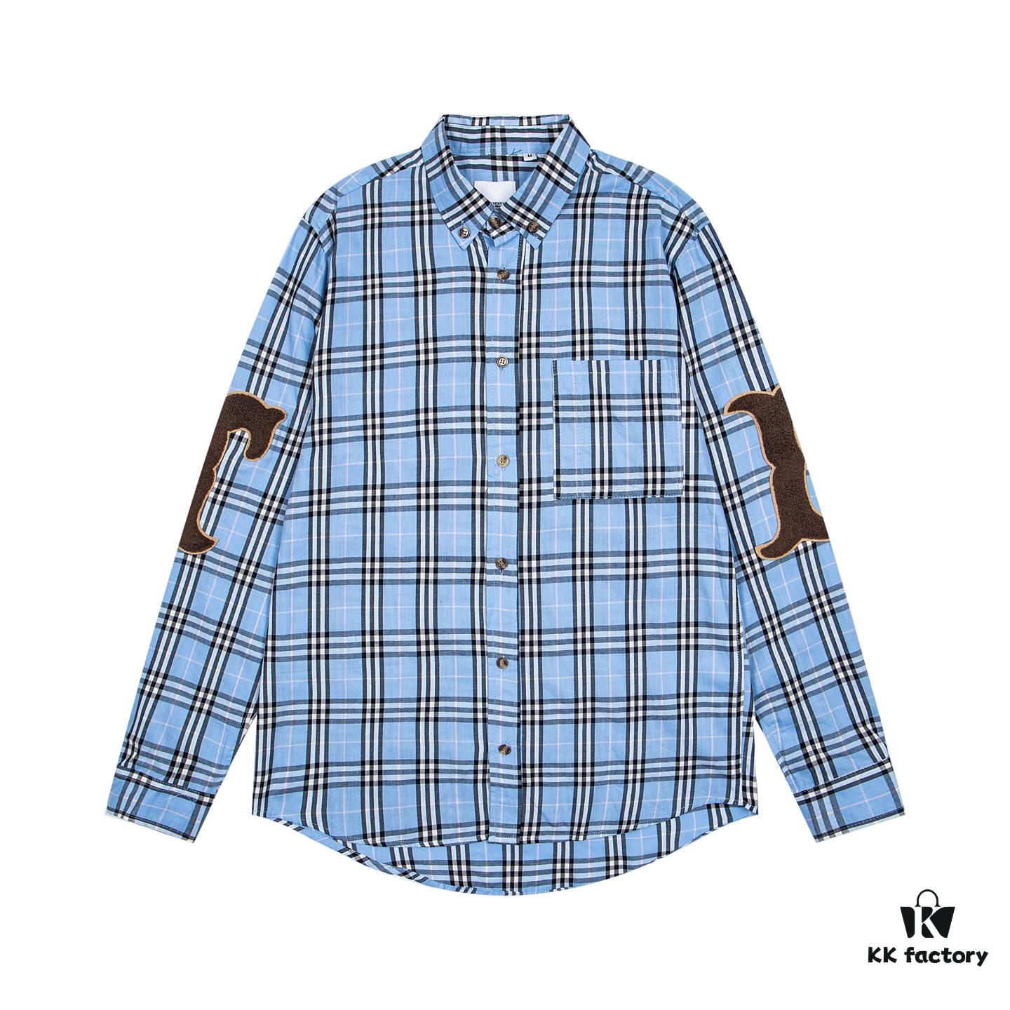 Burberry Letter Plaid Cotton Poplin Shirt, Original 100% Cotton, Premium Quality with Custom Buttons, Patch Pocket, and Toweling Fabric Appliqué on Sleeves