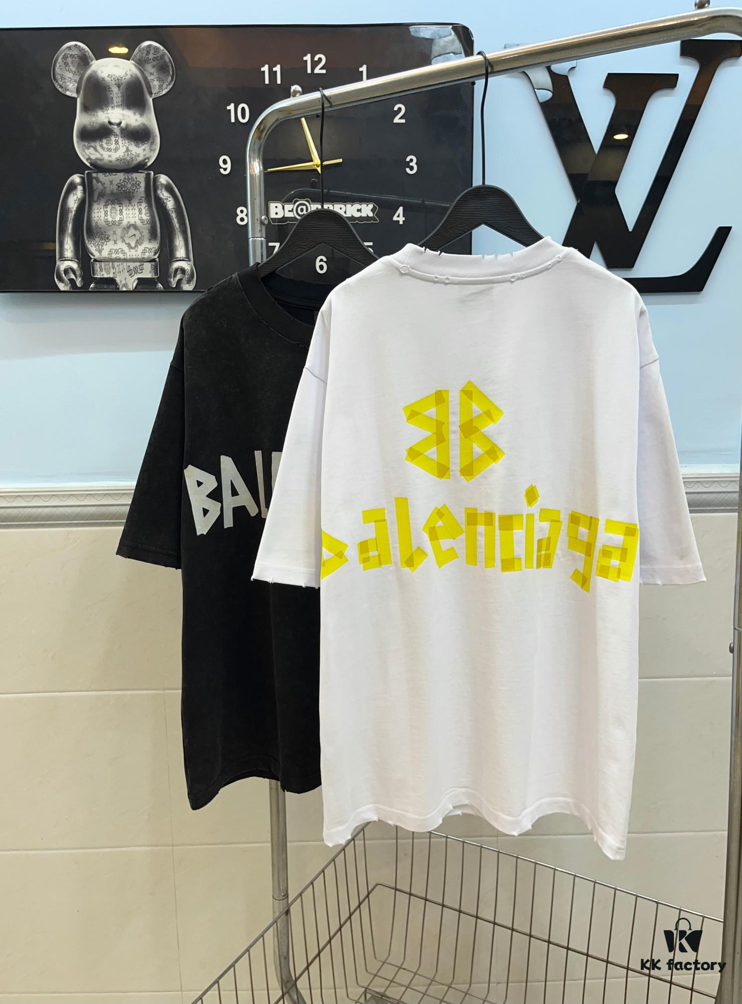 BALENCIAGA Printed Tape Short Sleeve T-Shirt, 280g Double Cotton Fabric, Realistic Tape Design with Digital and Heat Transfer Printing
