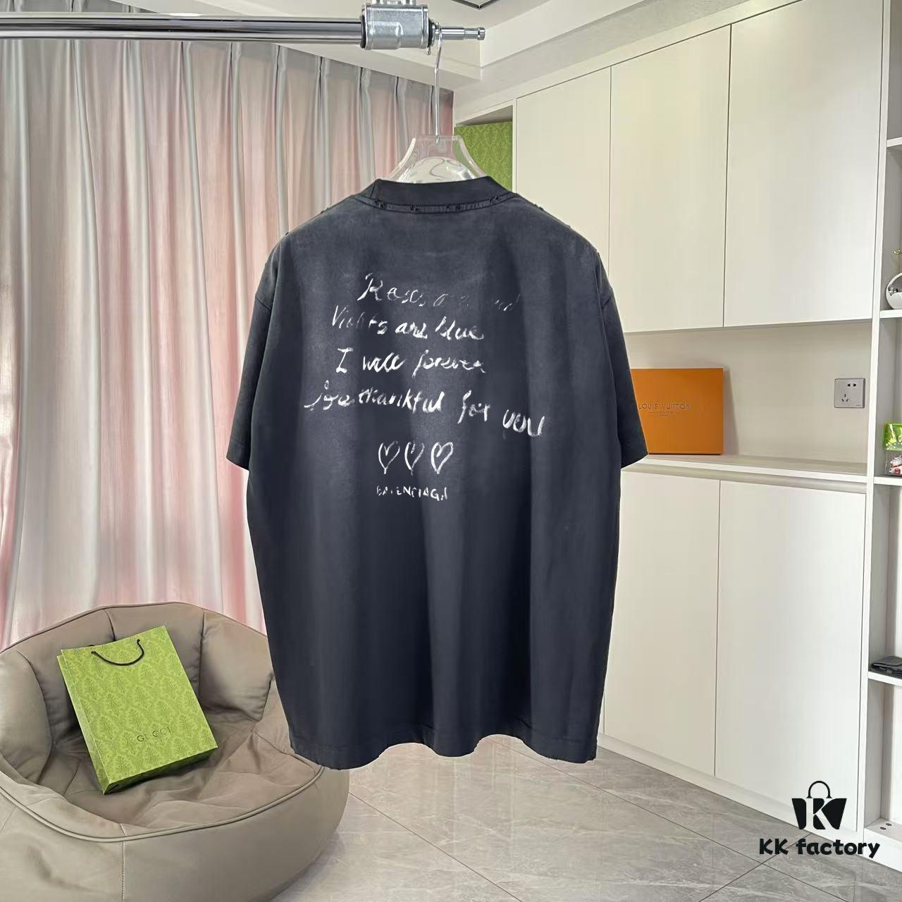 BALENCI*GA Paris 2025 Summer New Arrival Gradient Distressed Vintage Short-Sleeve T-Shirt with Custom 320g Fabric and Signature Logo Print Unisex Design