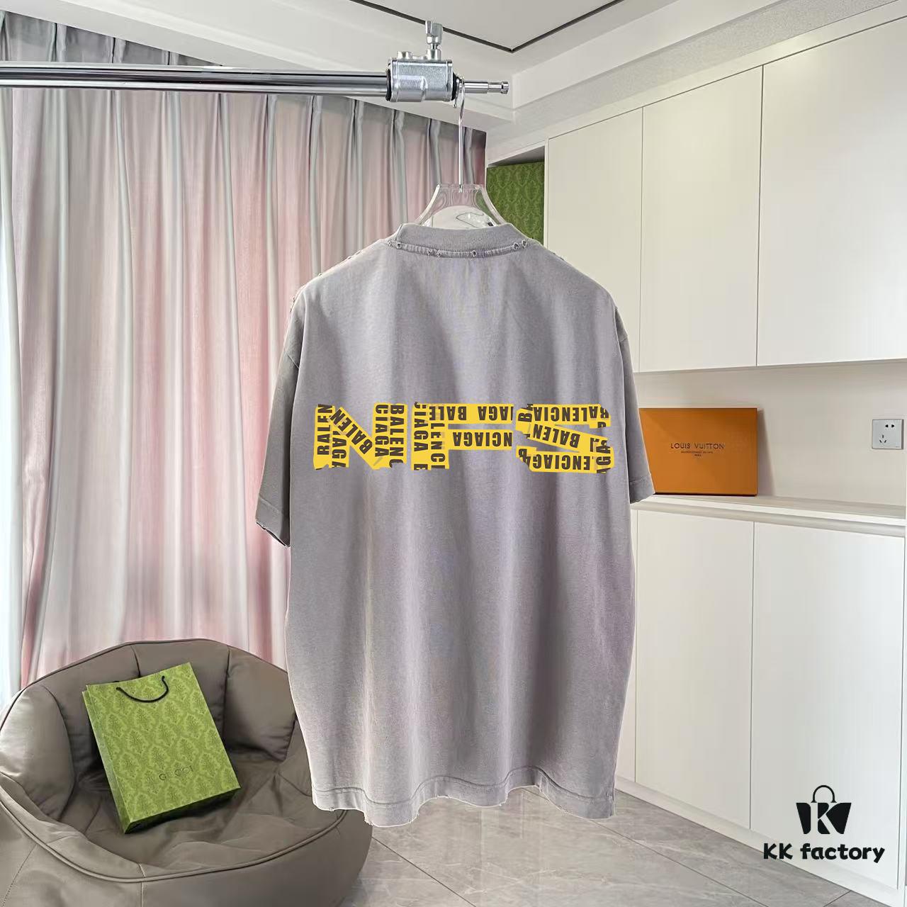 BALENCI*GA Paris 2025 Summer New Arrival Ombre Distressed Vintage Short Sleeve T-Shirt with Custom 320g Fabric Letter Logo Print Unisex