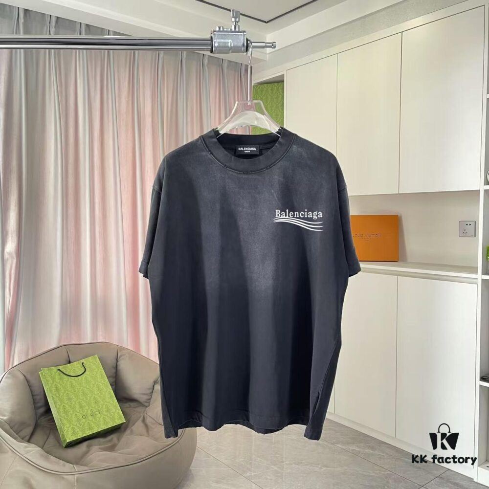 BALENCI*GA Paris 2025 Summer New Arrival Gradient Distressed Custom Fabric 320g Logo Print Short Sleeve T-Shirt Unisex